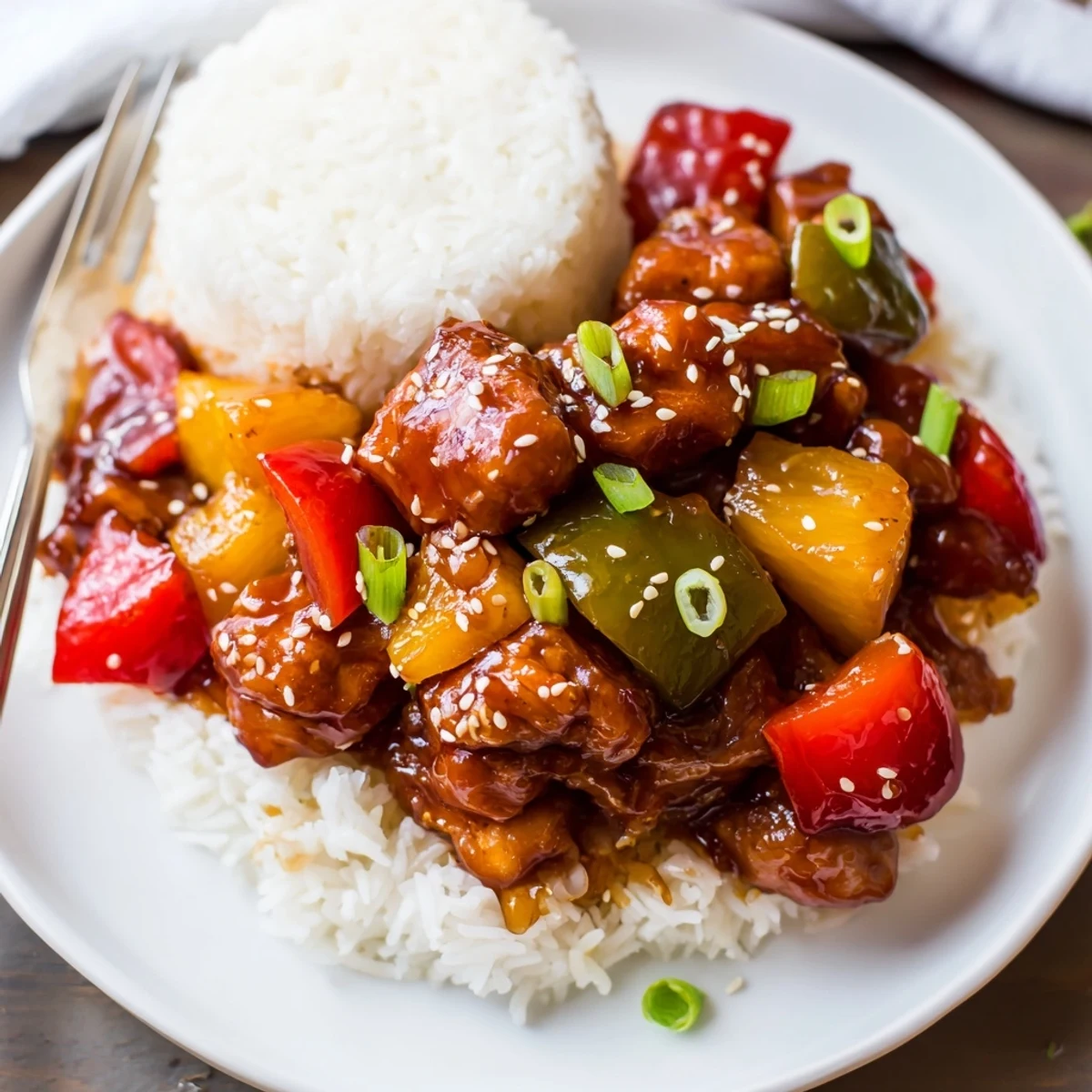 Easy Sweet Hawaiian Crockpot Chicken piled with pineapple, bell peppers, garnished with green onions