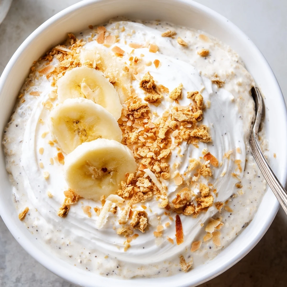 Chilled Coconut Cream Pie Overnight Oats with creamy coconut milk and vanilla
