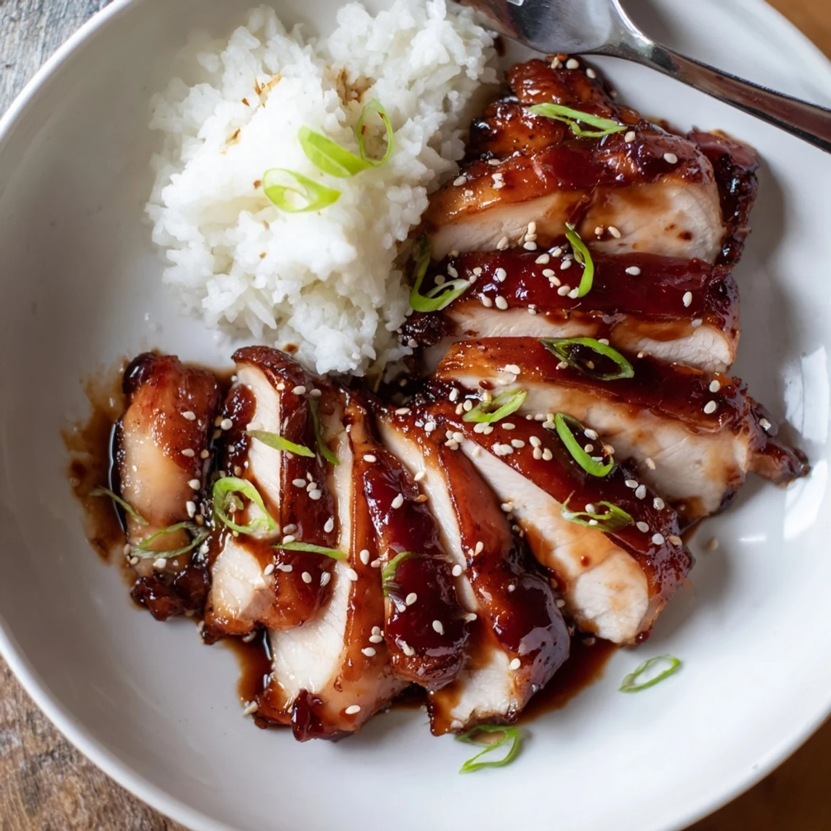 Char Siu Chicken glossy caramelized thighs on rack, steaming over rice
