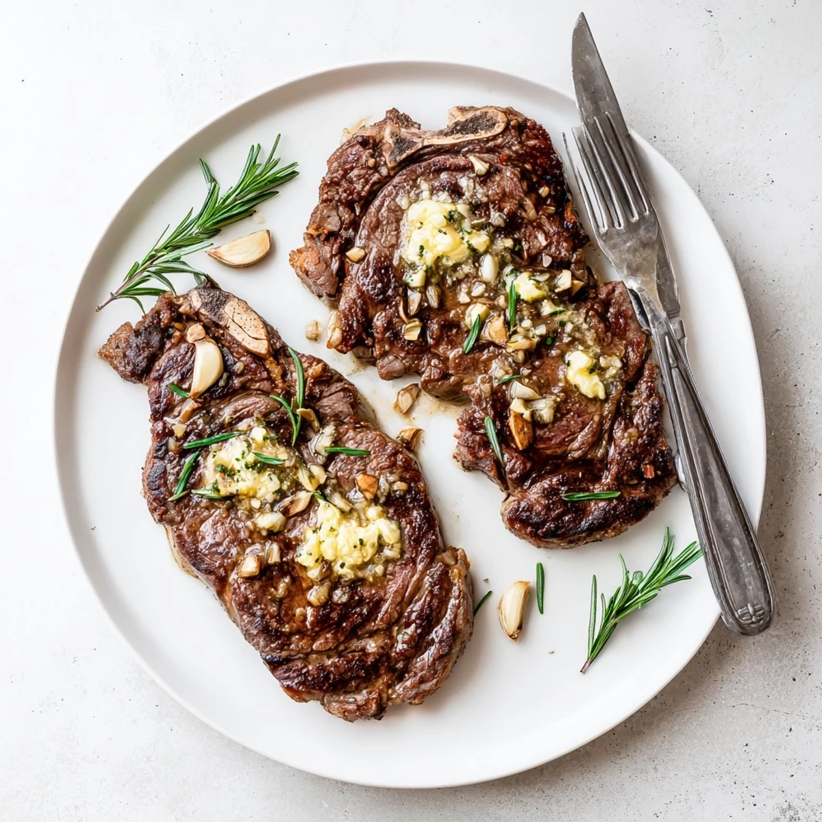 Pan-seared garlic butter steak with golden brown crust and melted herb butter pooling on top