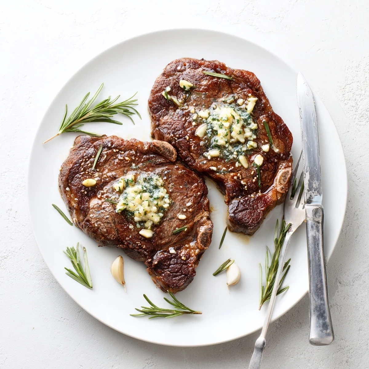 Sizzling ribeye steak basted in aromatic garlic butter sauce with fresh rosemary sprigs