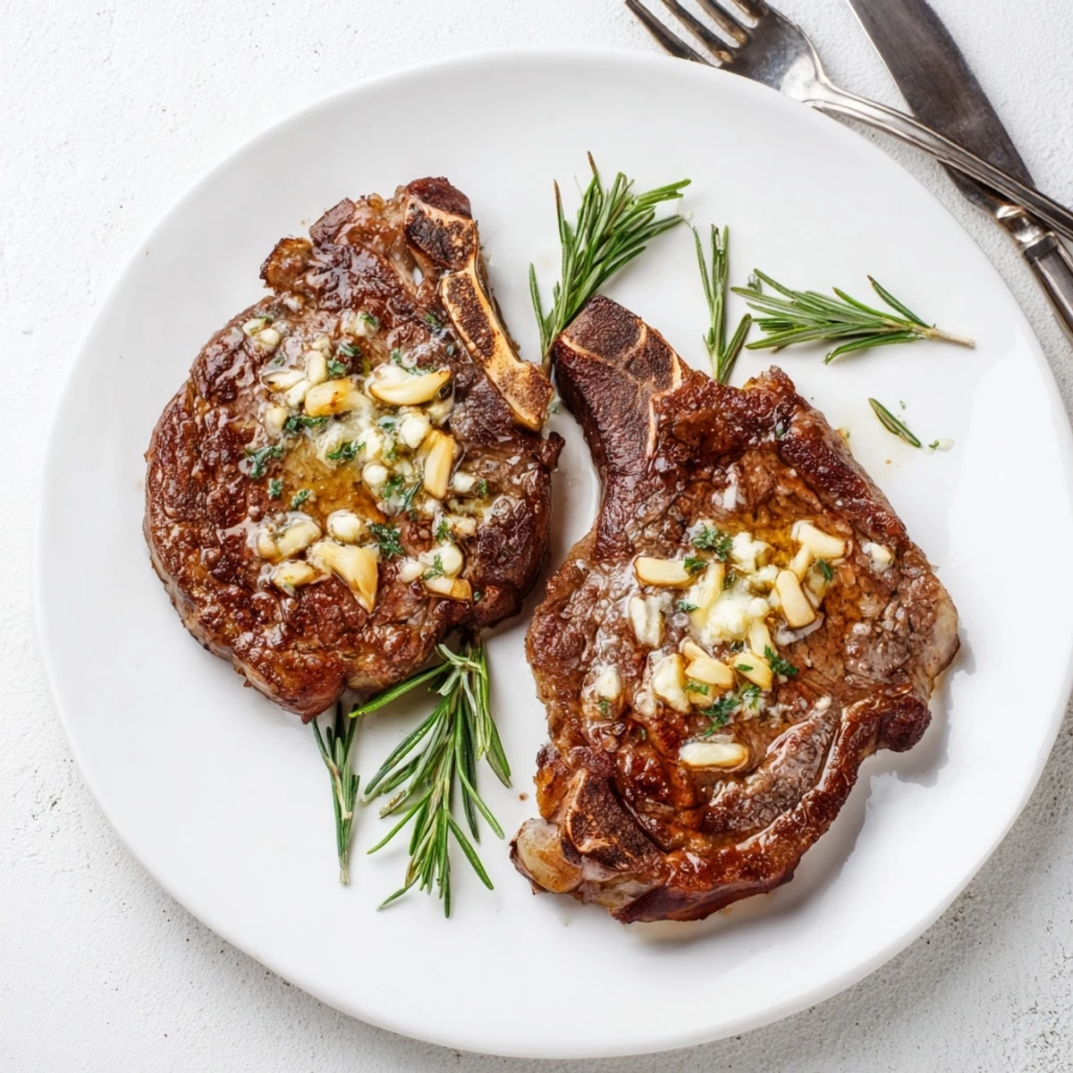 Juicy medium-rare garlic butter steak resting on plate with rich buttery garlic glaze