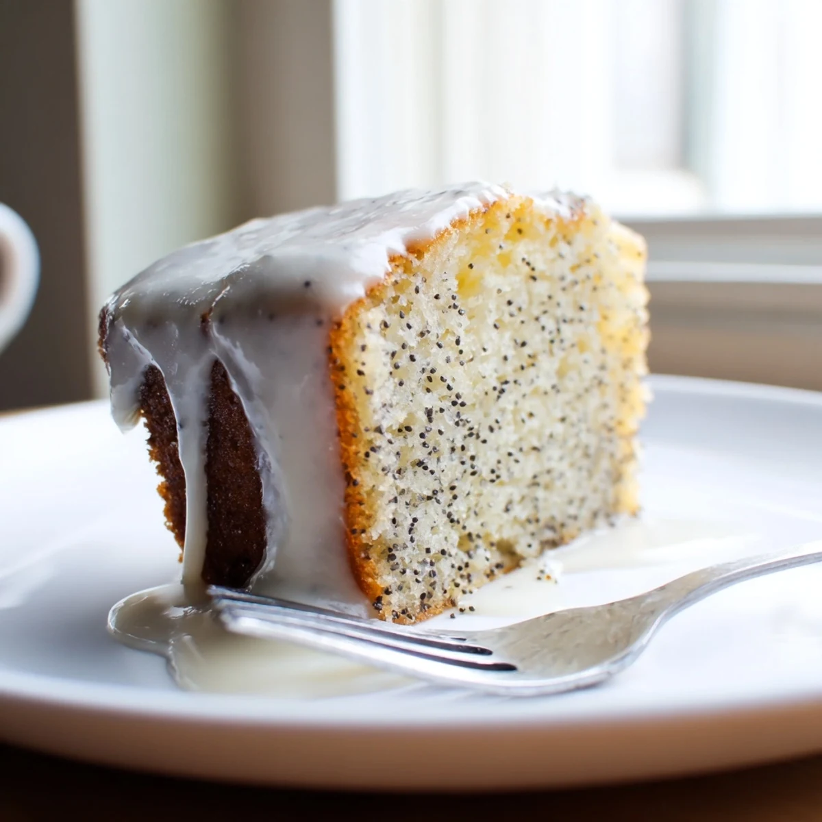 Golden glazed lemon poppy seed loaf cake drizzled with white icing on serving plate