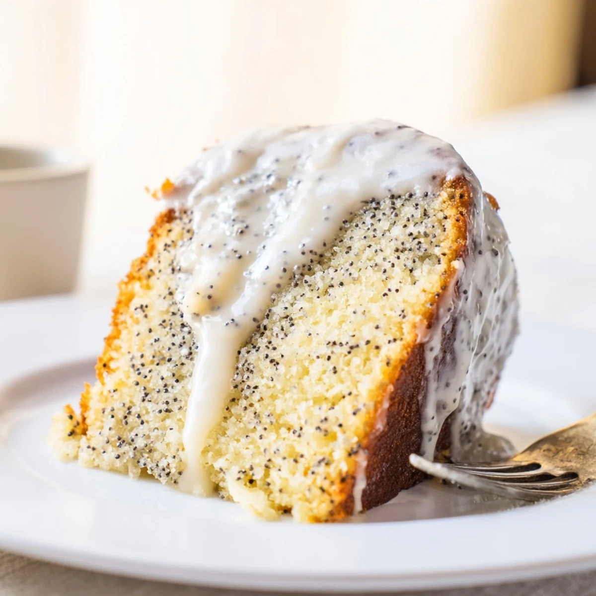 Moist lemon poppy seed cake slice revealing tender crumb and scattered black seeds