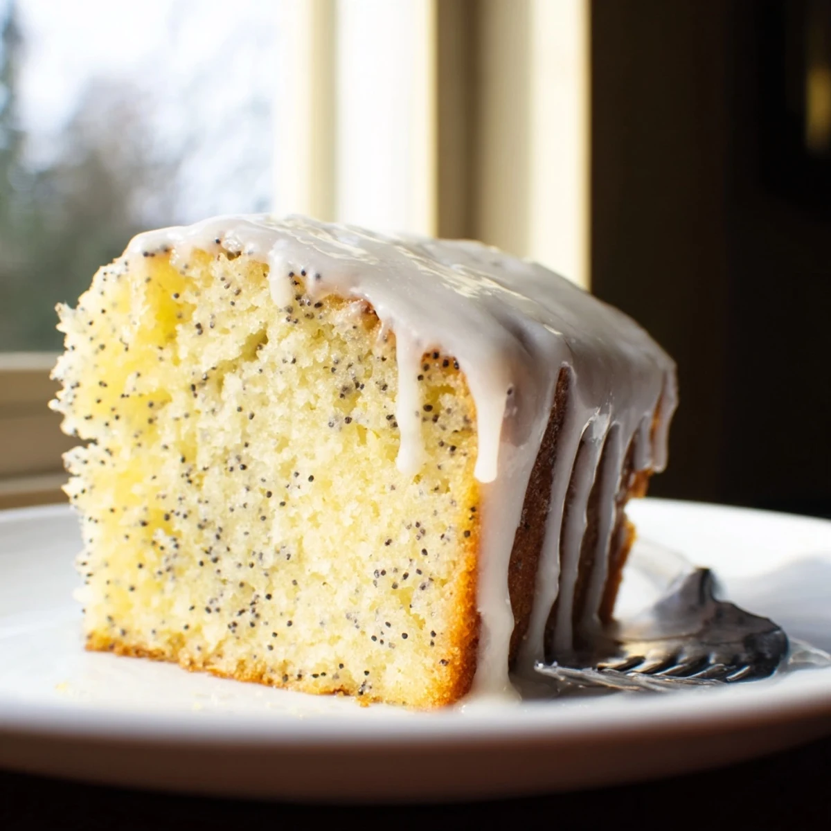 Fresh lemon poppy seed dessert with vibrant citrus glaze on rustic wooden board