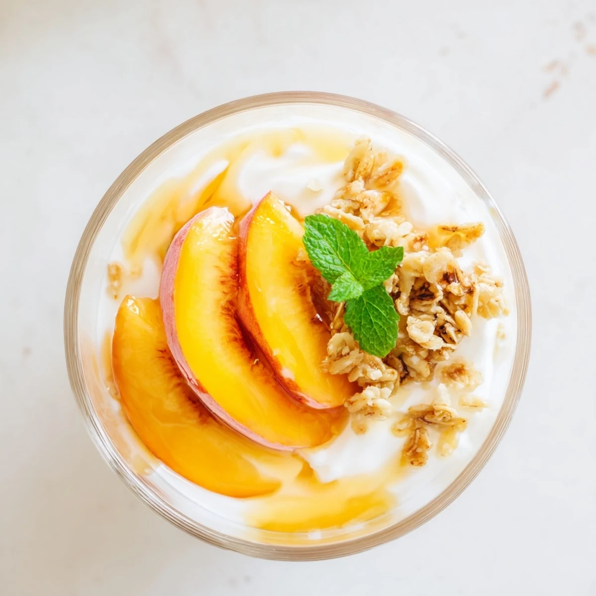 Sweet peach yogurt parfait layered with golden peaches, creamy vanilla yogurt, and crunchy granola in a clear glass
