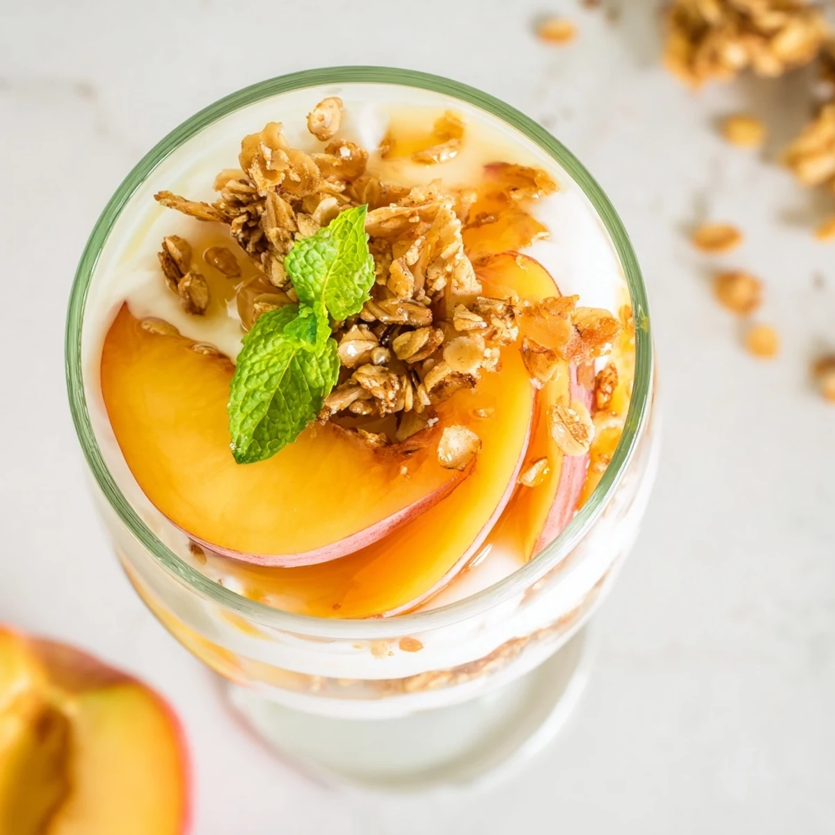 Golden peach yogurt parfait dessert stacked with fresh fruit slices, honey-drizzled Greek yogurt, and crisp granola topping