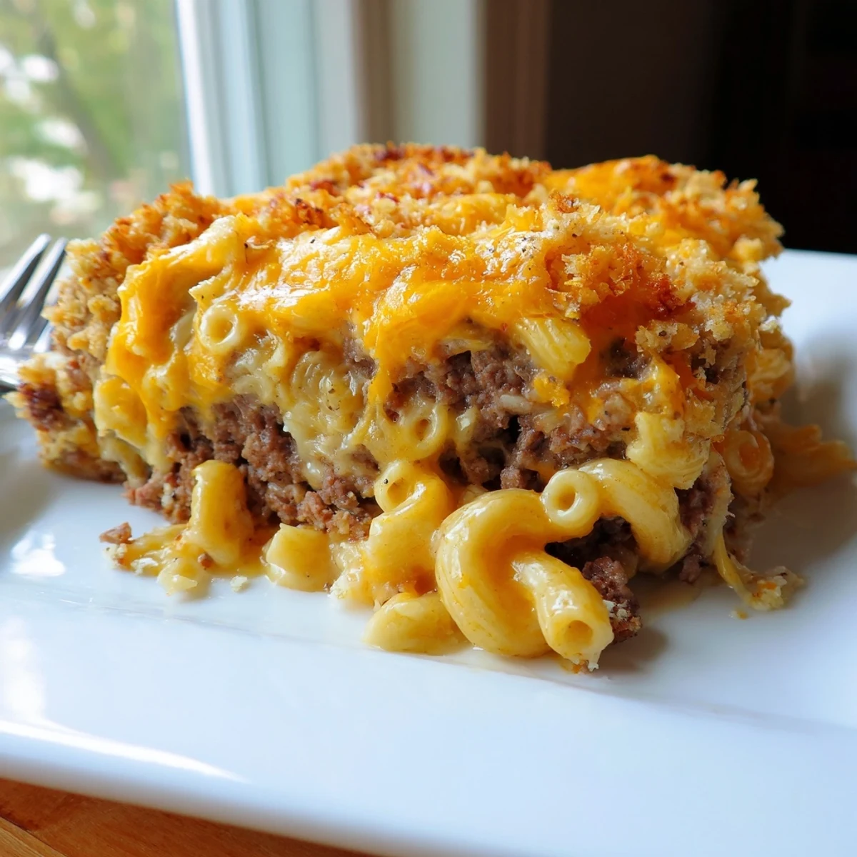 Hearty slice of Mac and Cheese Meatloaf Casserole featuring creamy pasta over seasoned ground beef