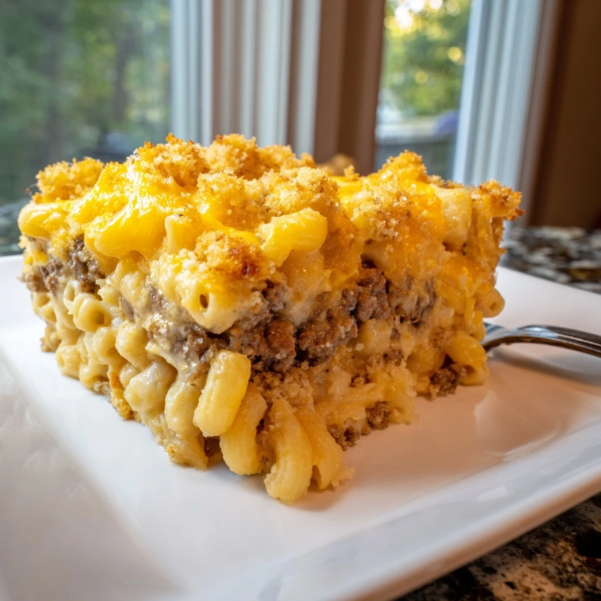 Golden baked Mac and Cheese Meatloaf Casserole topped with melted cheddar and crispy breadcrumb layer