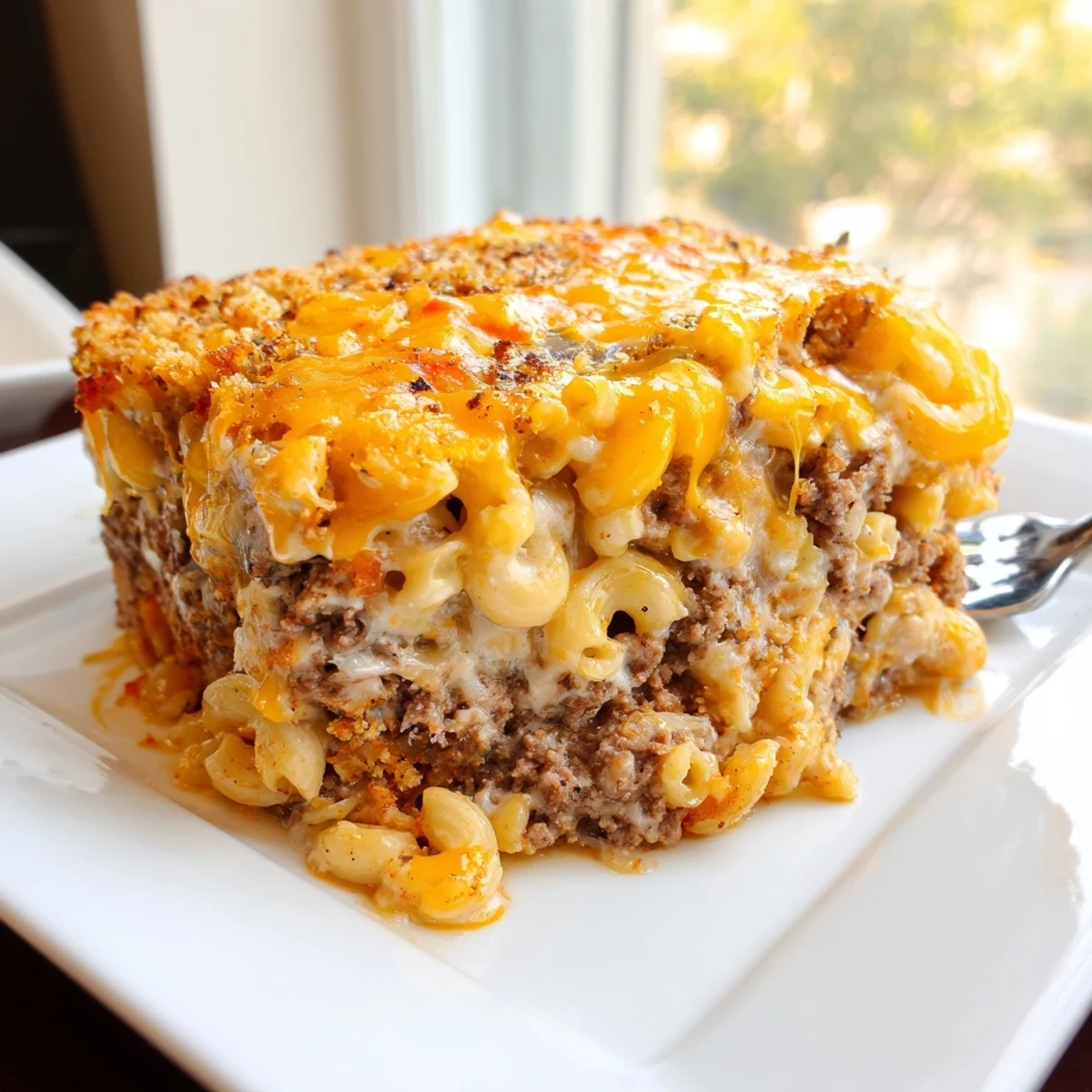 Bubbling Mac and Cheese Meatloaf Casserole fresh from the oven with golden cheesy crust topping