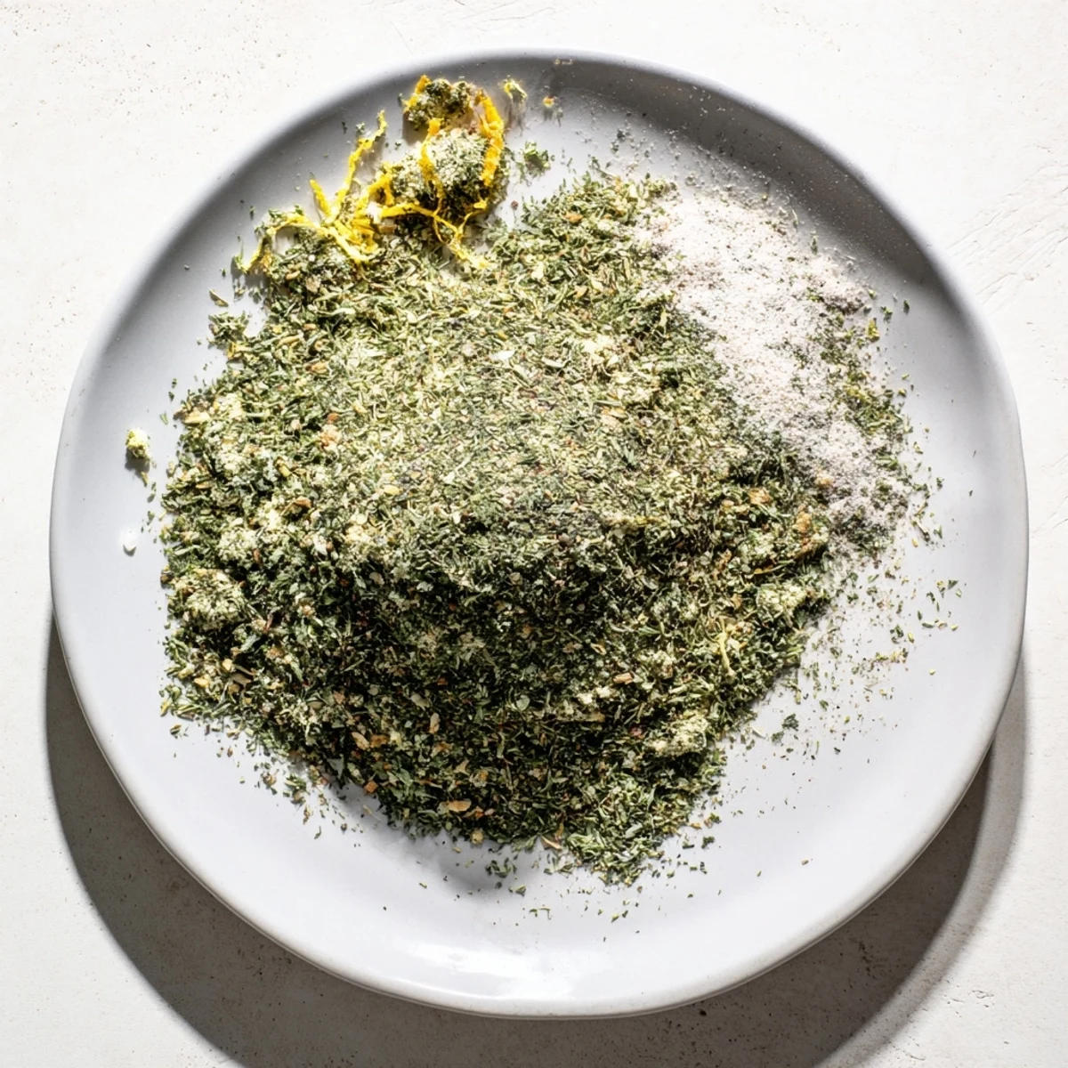 Close-up of dehydrated tzatziki seasoning blend spooned onto white ceramic bowl for recipe prep