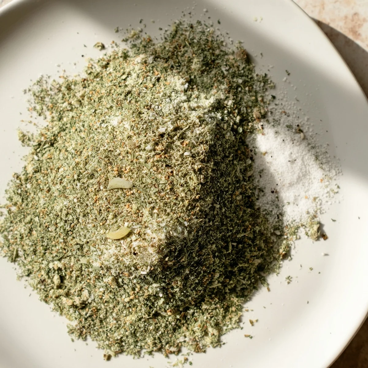 Glass container filled with vibrant dehydrated tzatziki seasoning mix next to Greek yogurt dip