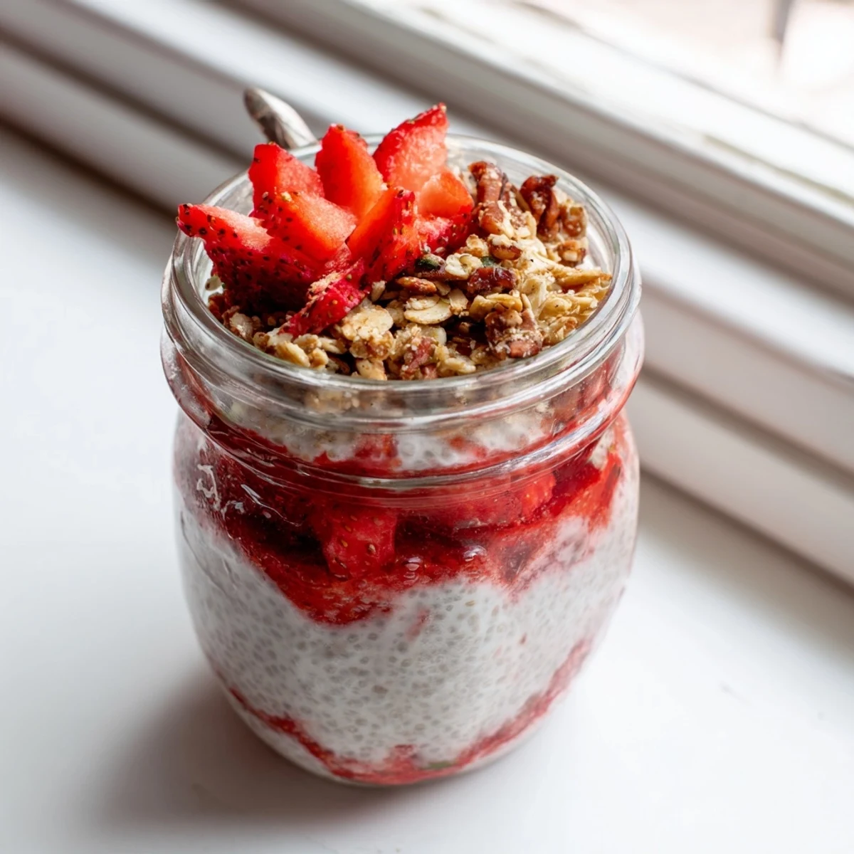 Glass jar showcasing layered strawberry crumble chia pudding with vibrant red compote and golden oat topping