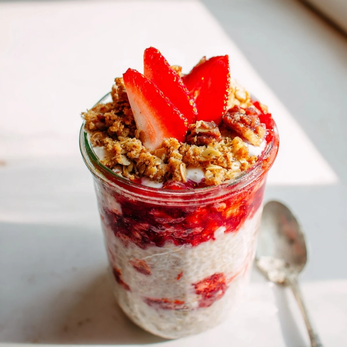 Parfait-style strawberry crumble chia pudding dessert topped with fresh berries and crispy toasted oats