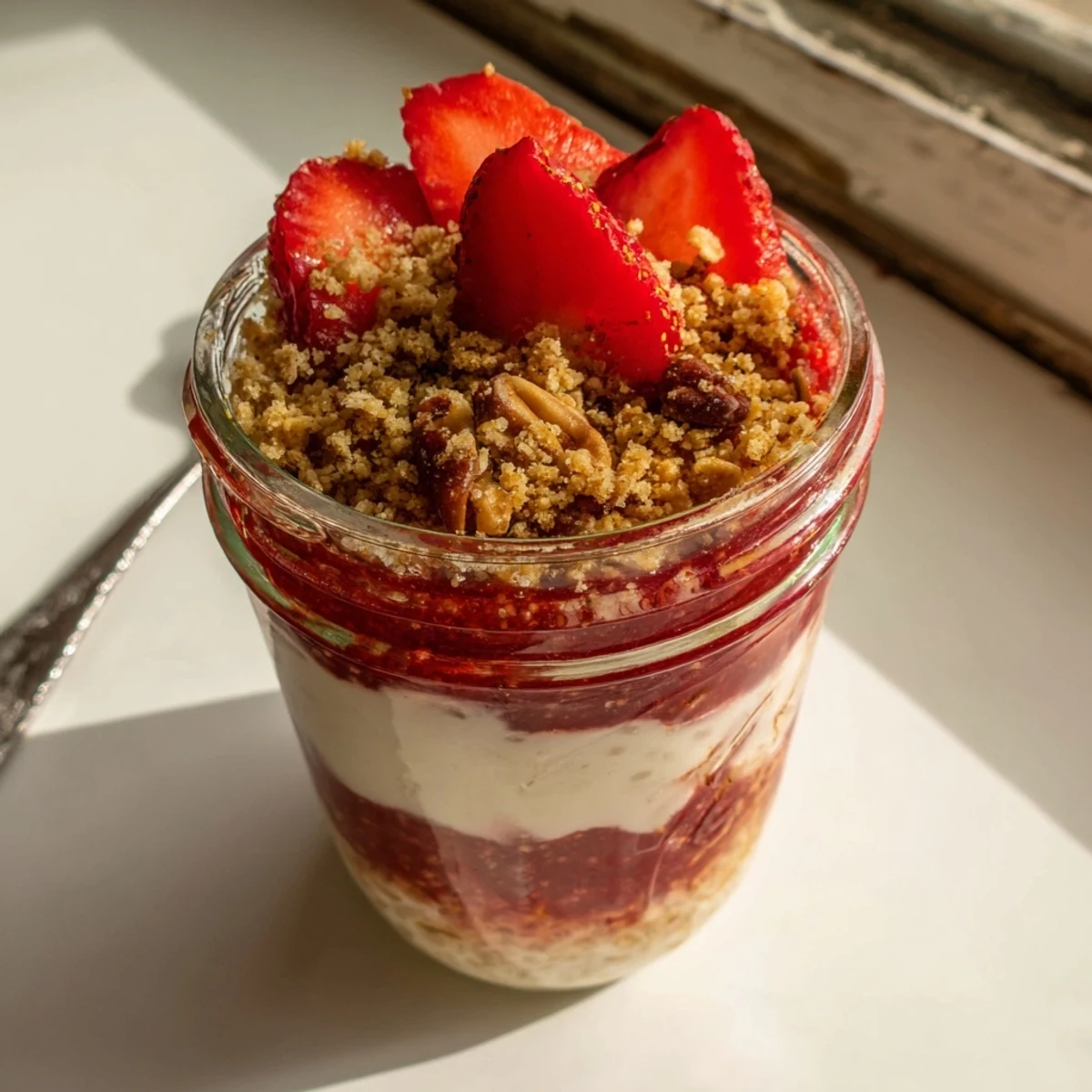 Creamy chia pudding layered with sweet strawberry compote and crunchy cinnamon oat crumble in clear glass