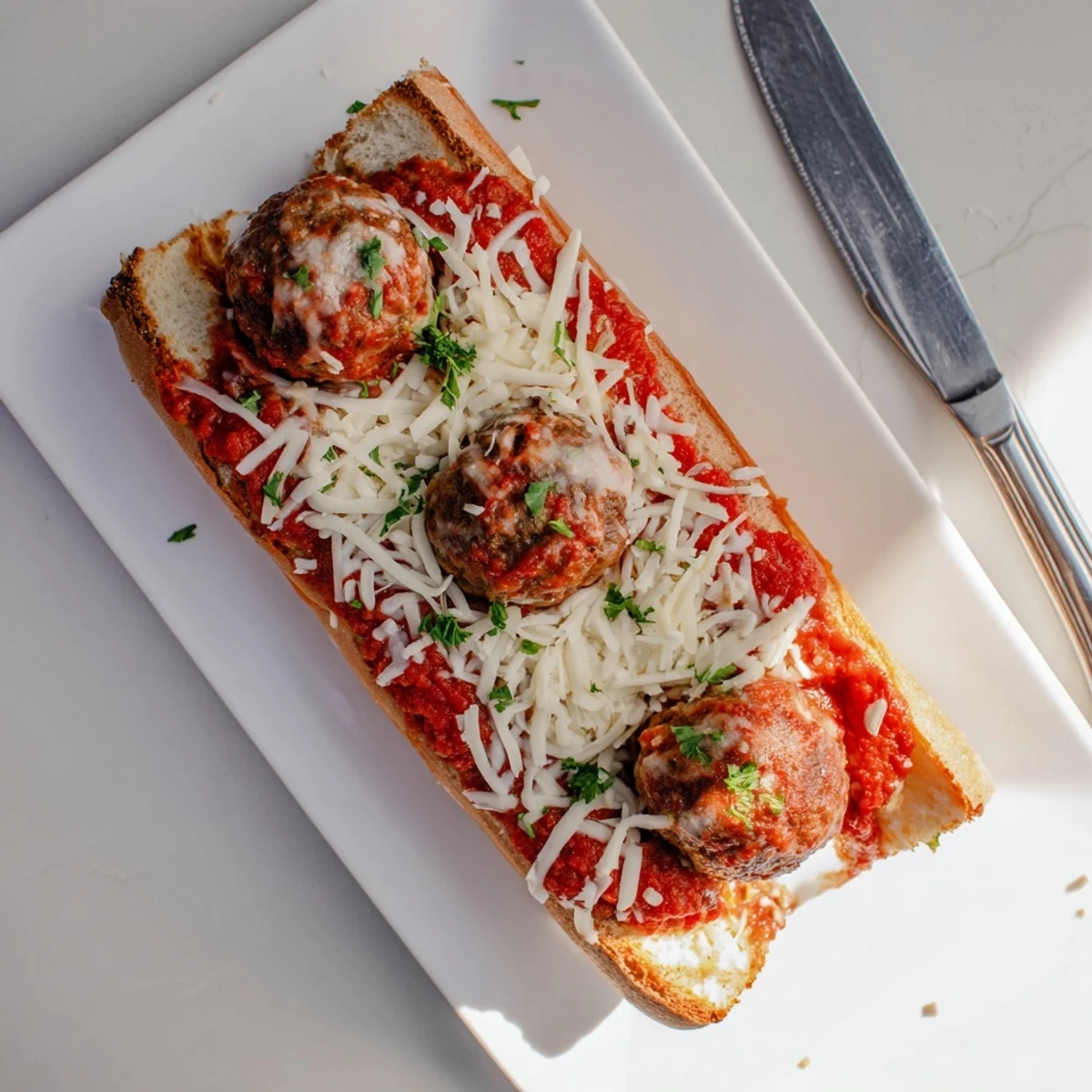 Close-up of three tender meatballs nestled in cheesy meatball subs with rich red sauce