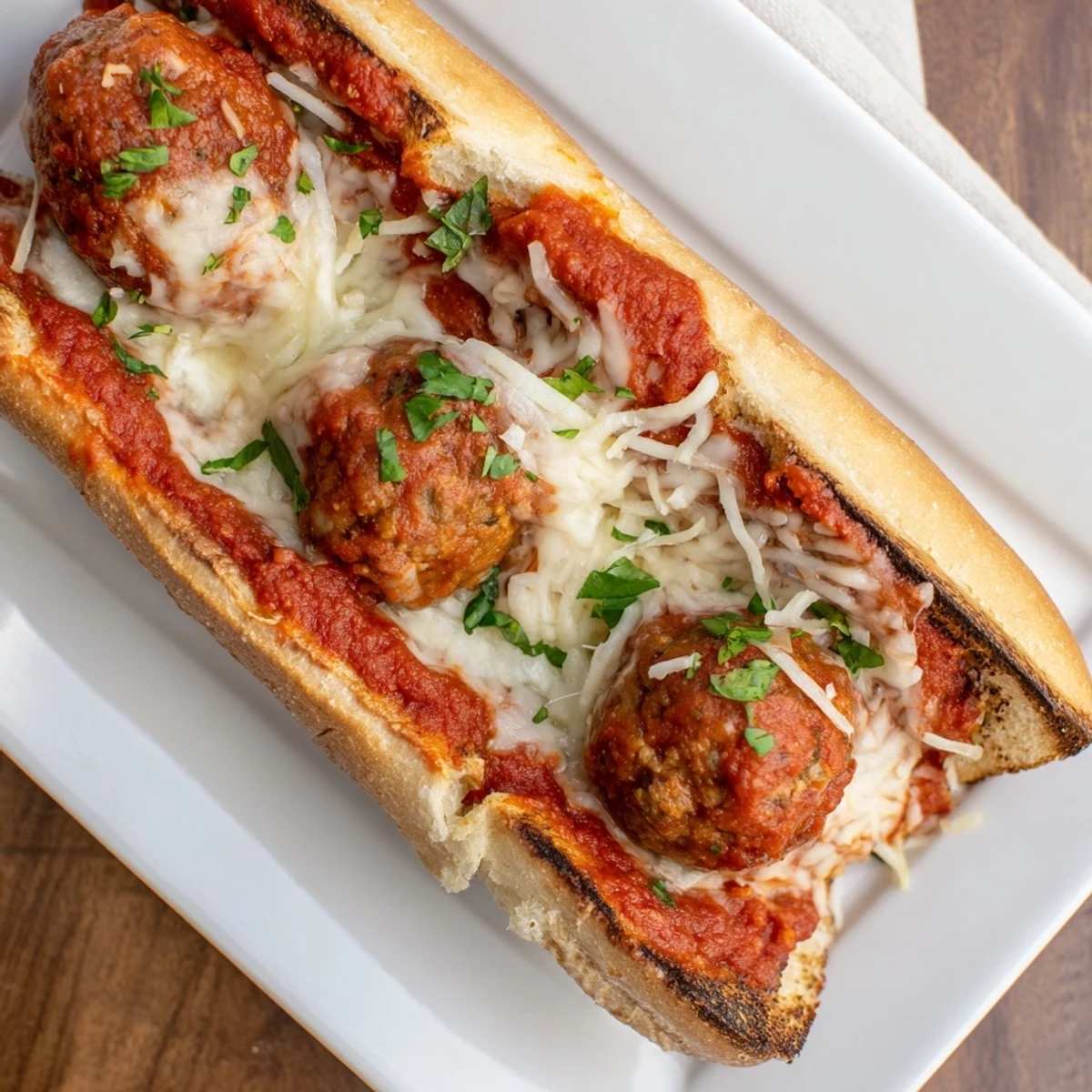 Sliced Italian sandwich overflowing with savory meatballs and gooey melted cheese on toasted bread