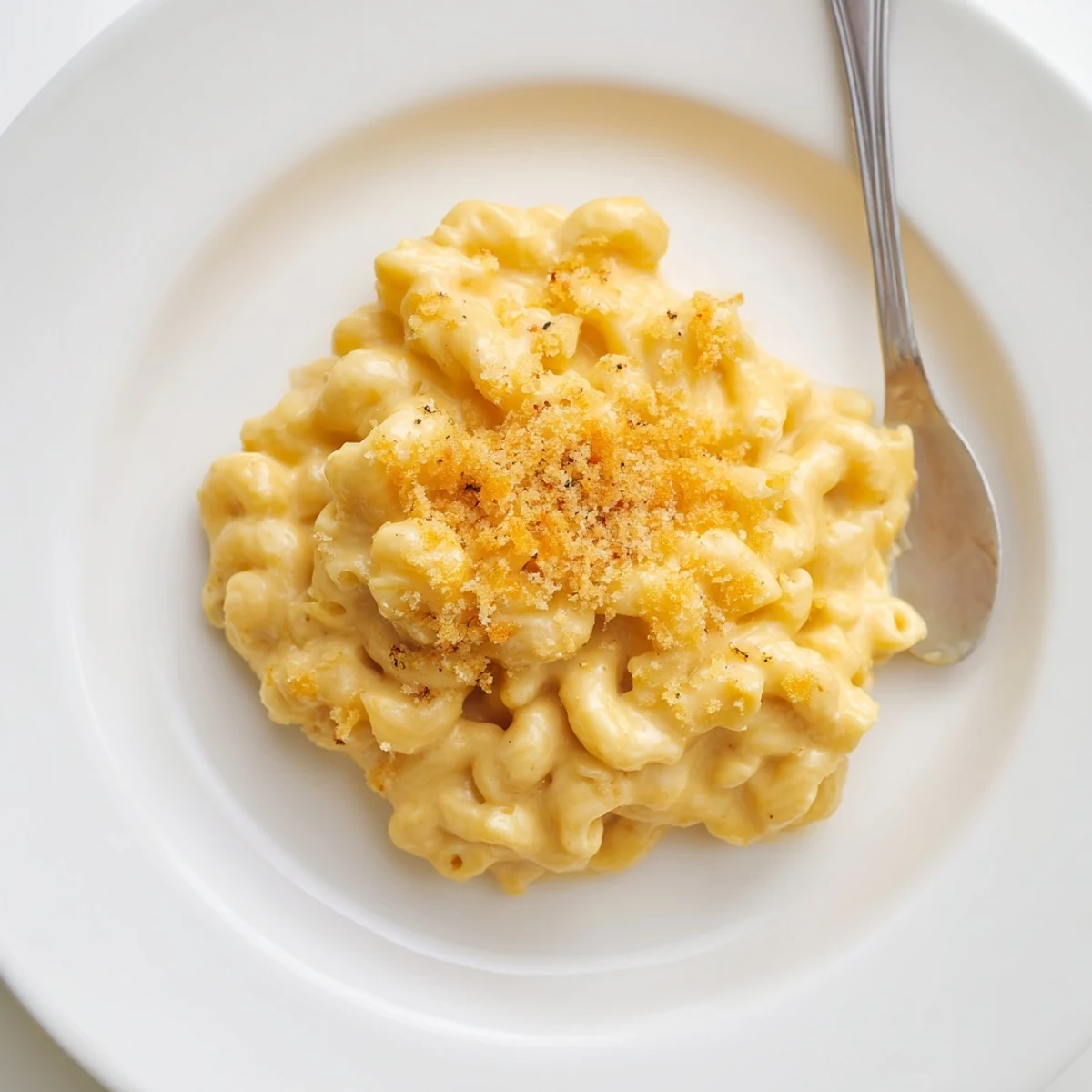 Creamy Mac and Cheese bubbling with melted cheddar, golden breadcrumb topping steaming.
