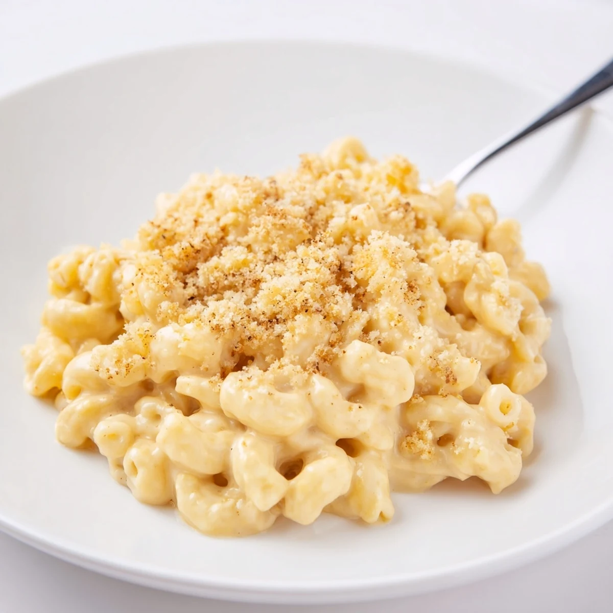 Forkful of Mac and Cheese stretching silky sauce over tender elbow pasta.