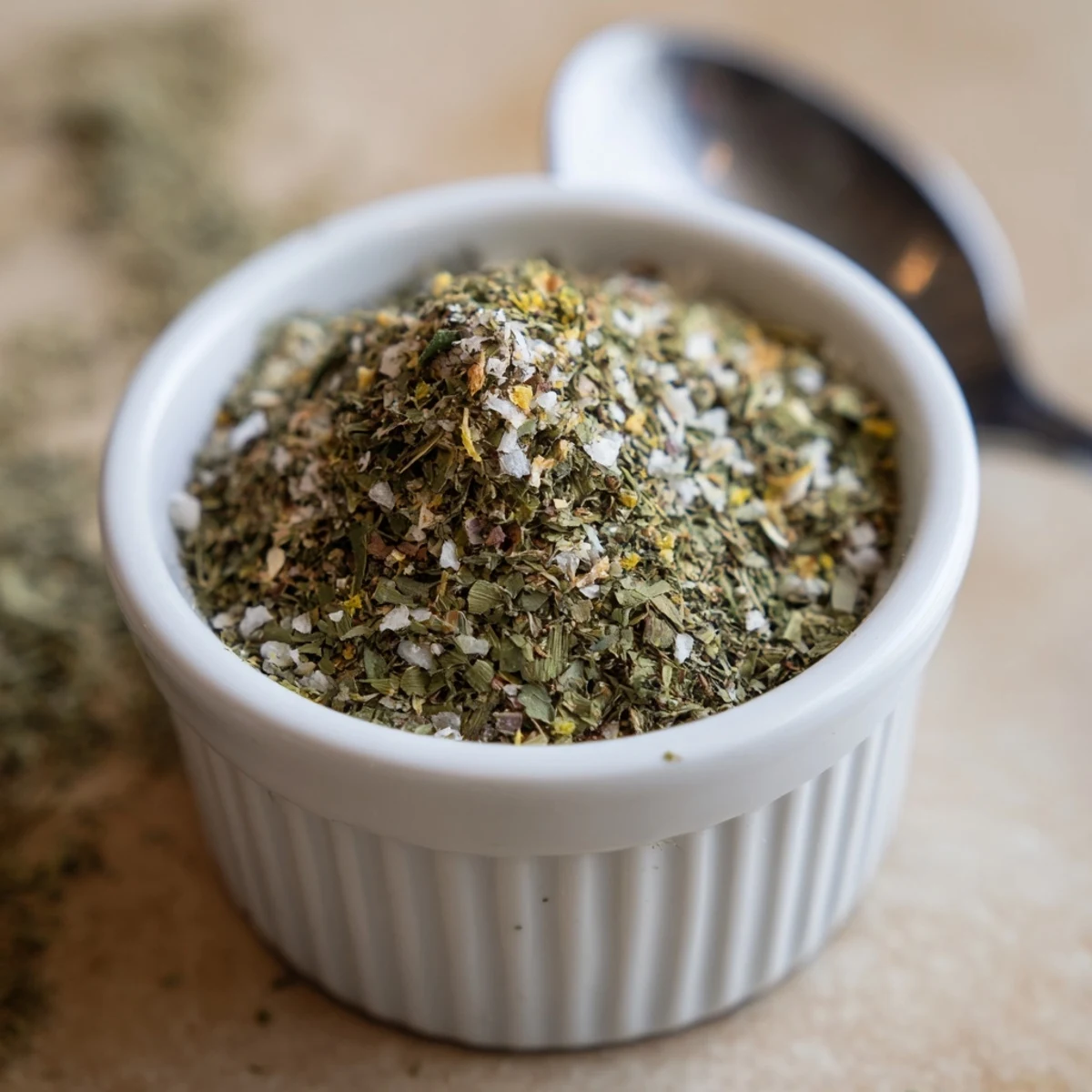 Jar of Dehydrated Tzatziki Seasoning Mix with dried herbs and lemon aroma