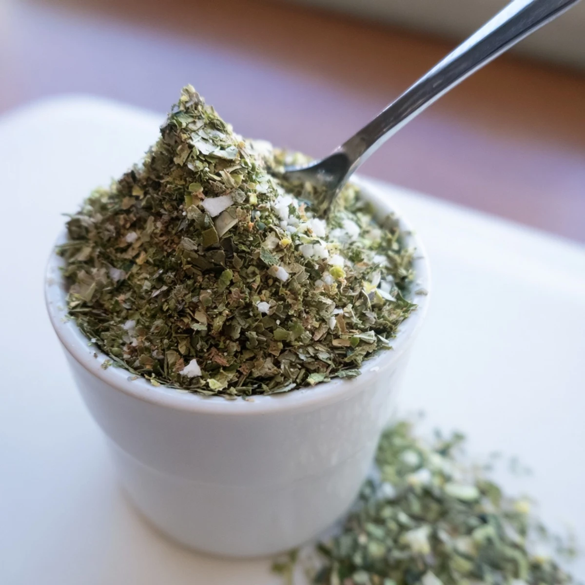 Spoonful of Dehydrated Tzatziki Seasoning Mix ready to stir into yogurt