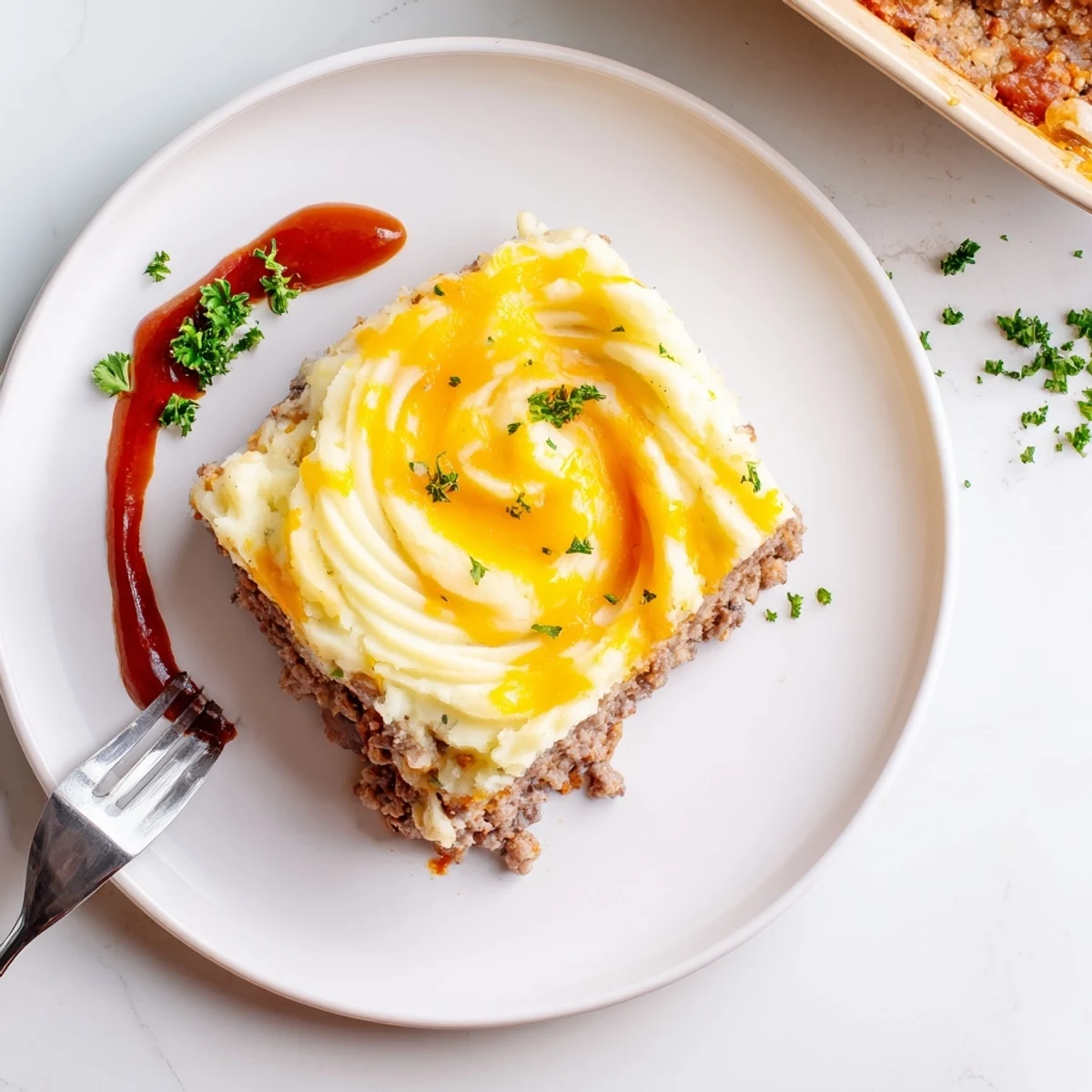 Meatloaf Casserole with golden melted cheddar, creamy mashed potato layer bubbling