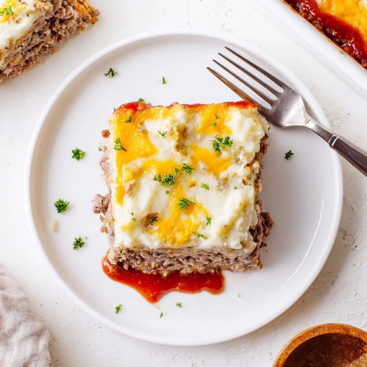 Hearty slice of Meatloaf Casserole steaming on plate, ready to serve family-style