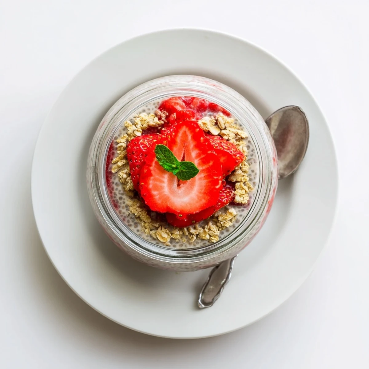 Velvety Strawberry Crumble Chia Pudding in glass jars layered with crunchy oat crumble