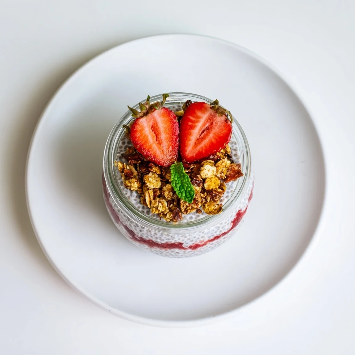 Individual Strawberry Crumble Chia Pudding with a spoon, silky layers and crisp crumble