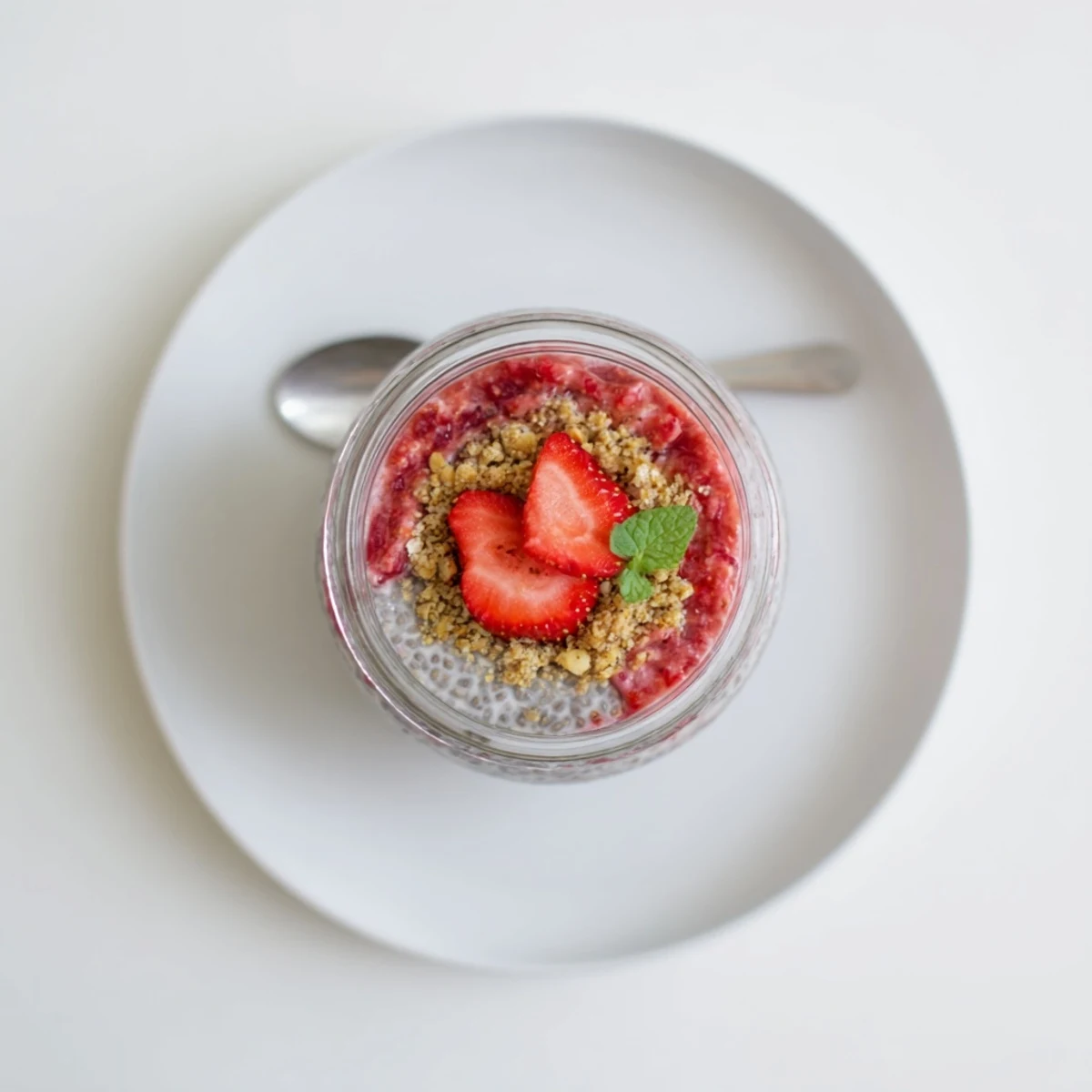 Chilled Strawberry Crumble Chia Pudding topped with sweet macerated strawberries and mint