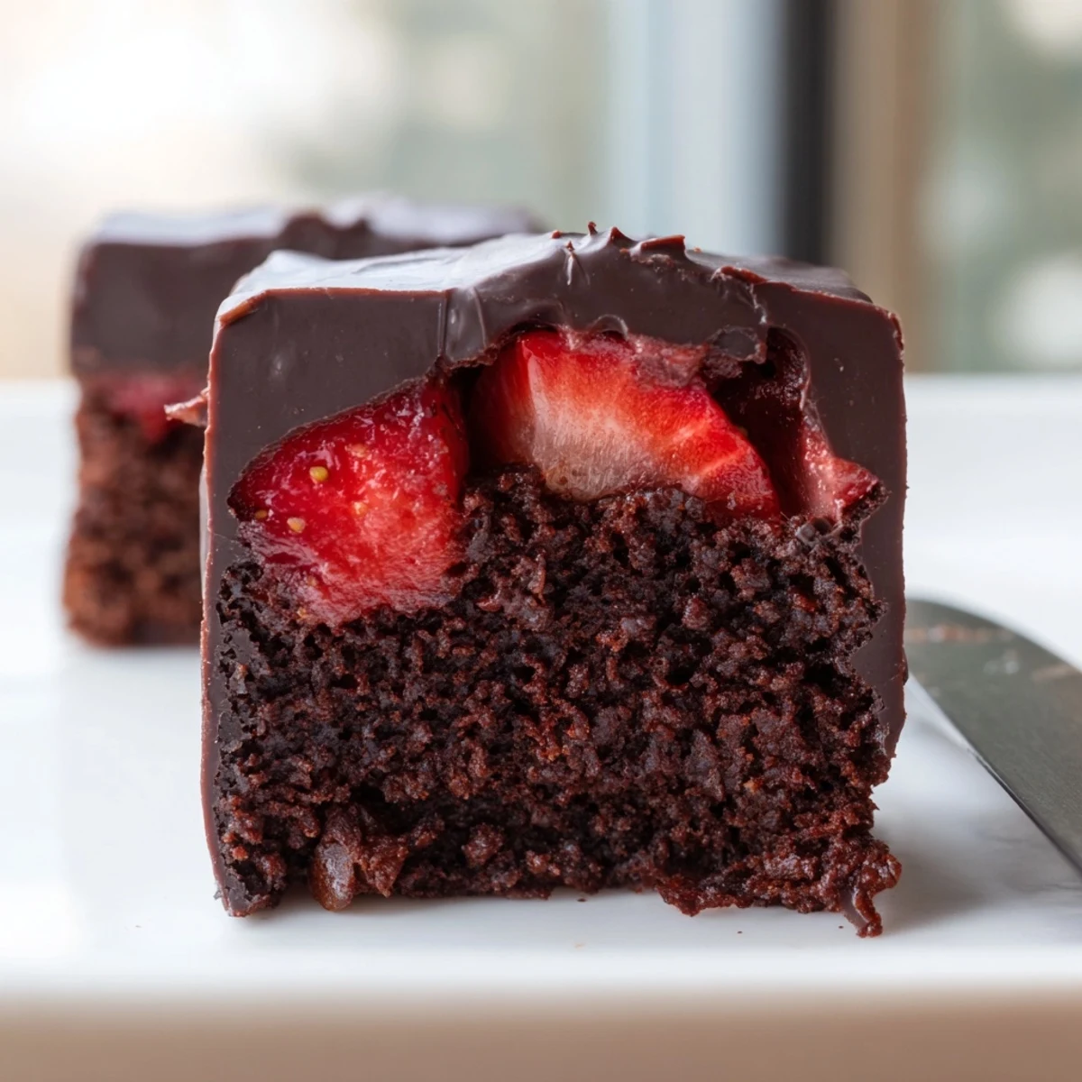 Fudgy Chocolate Covered Strawberry Brownies sliced into rich, glossy squares with vibrant red strawberry layers peeking through
