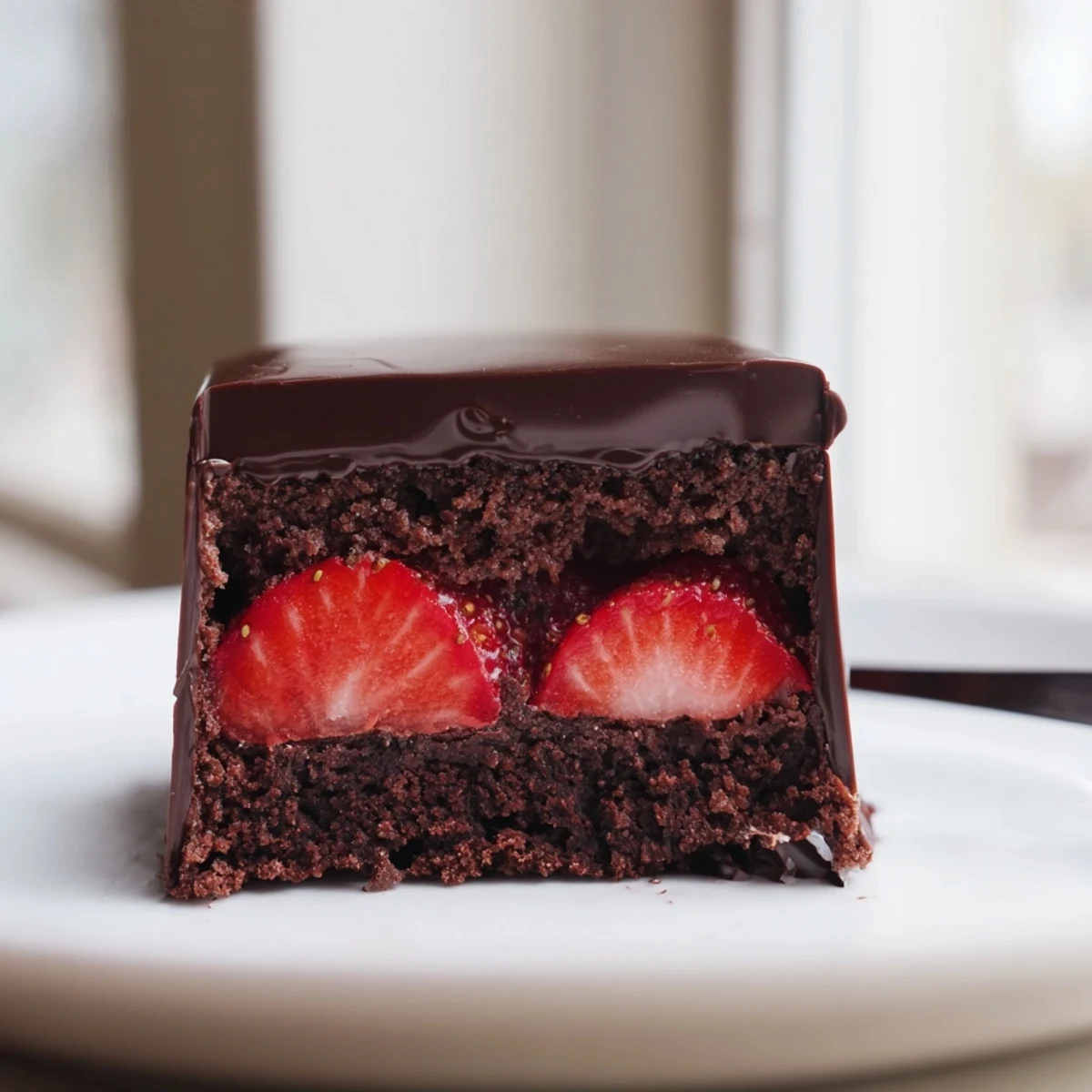 Thick Chocolate Covered Strawberry Brownies with a crisp chocolate shell revealing a berry-studded fudgy center on a dessert plate