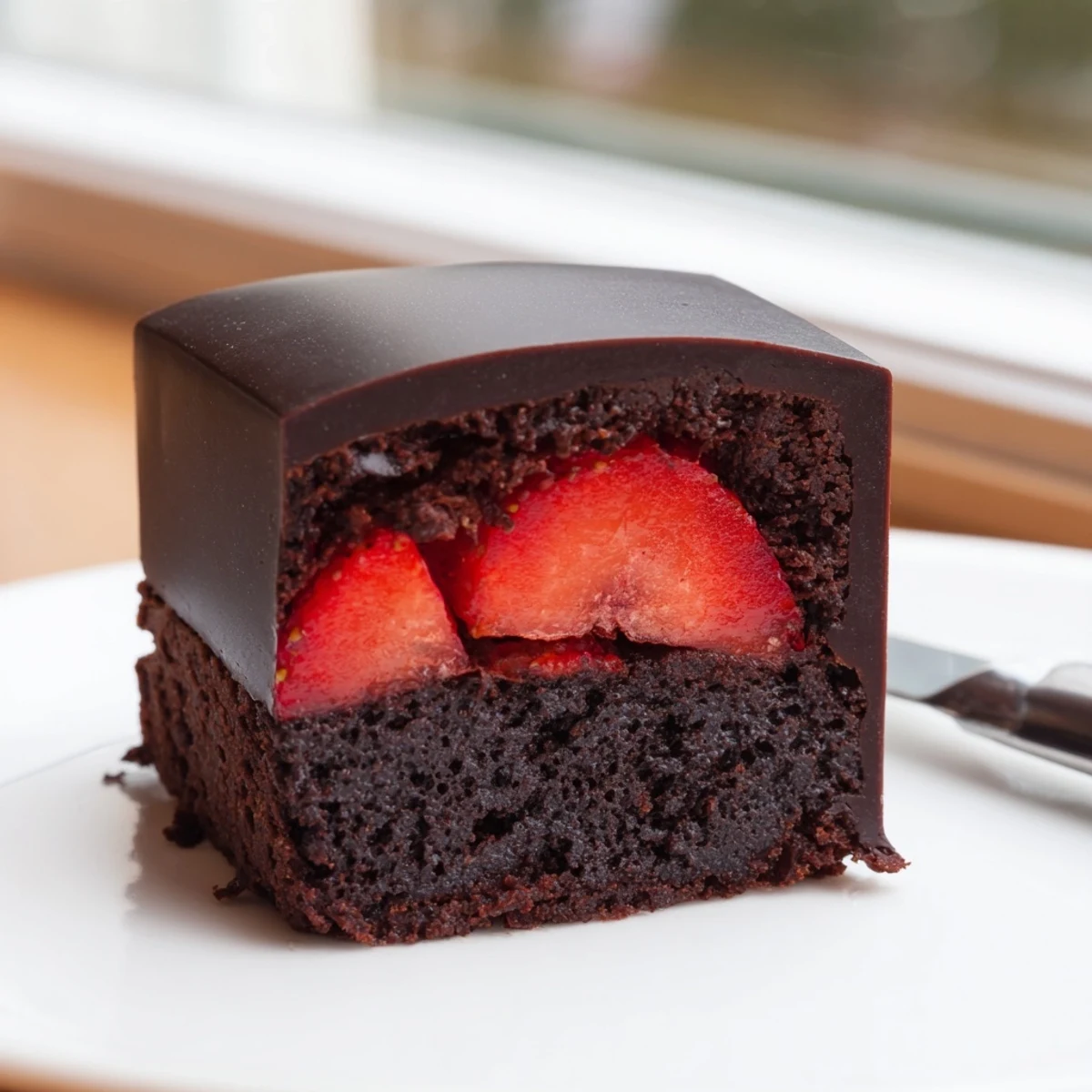 Decadent Chocolate Covered Strawberry Brownies topped with fresh juicy strawberries and a smooth chocolate glaze on a rustic cutting board