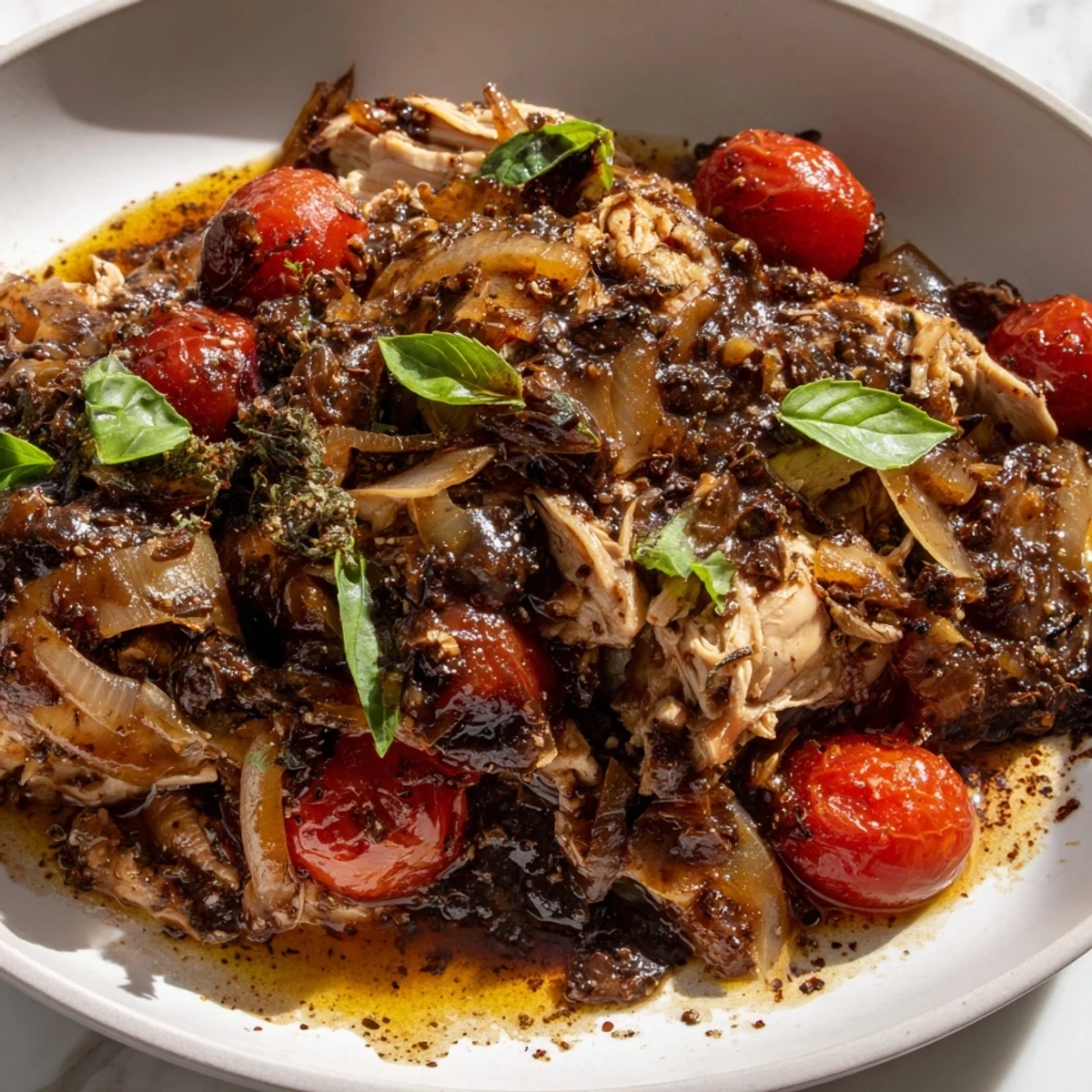 Juicy slow cooker balsamic chicken simmering in a glossy, herb-flecked tomato sauce