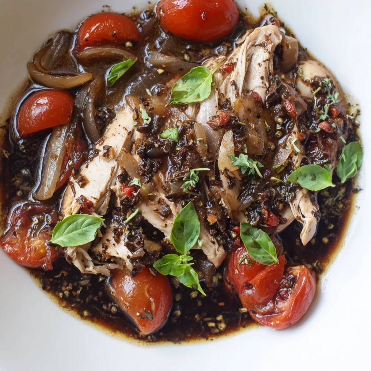 Tender slow cooker balsamic chicken plated with caramelized onions and halved cherry tomatoes