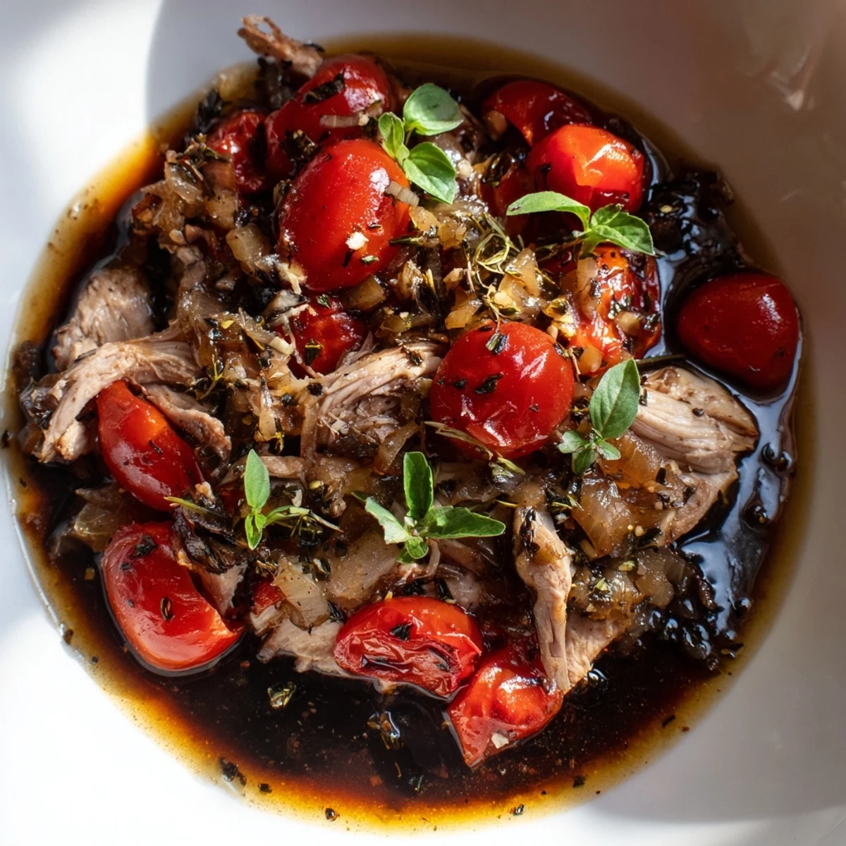 Slow cooker balsamic chicken drizzled with rich, sweet-tart pan sauce and fresh basil