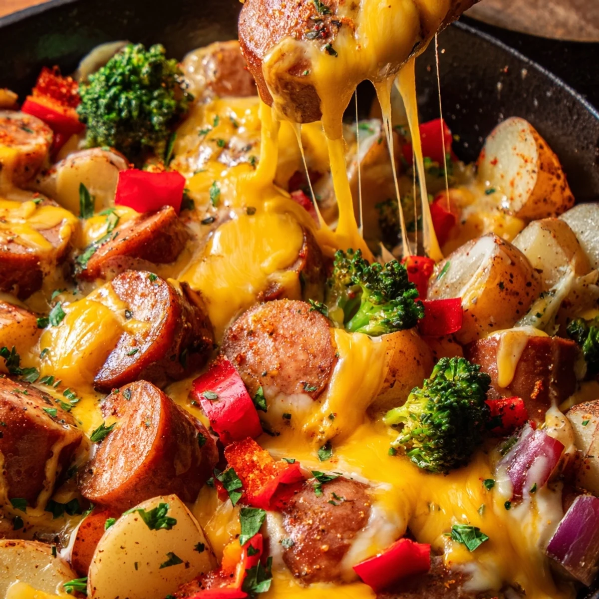 Cheesy Kielbasa Skillet with golden potatoes and melted cheddar in cast iron pan