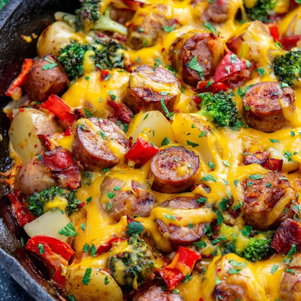 Smoky cheesy kielbasa skillet bubbling with colorful peppers and tender broccoli florets
