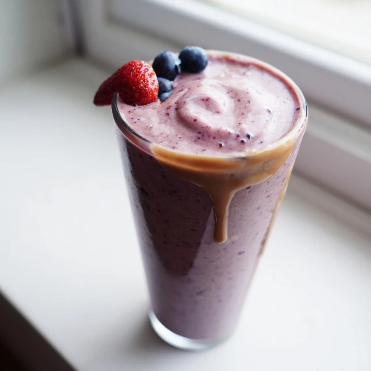 A thick peanut butter berry smoothie swirled with vibrant purple and pink hues served in a tall glass topped with fresh berries and a drizzle of nut butter