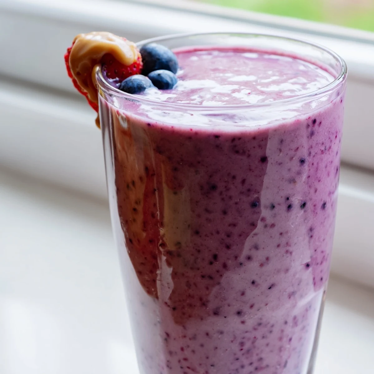 Creamy peanut butter berry smoothie poured into two mason jars garnished with whole strawberries and blueberries on a rustic wooden countertop