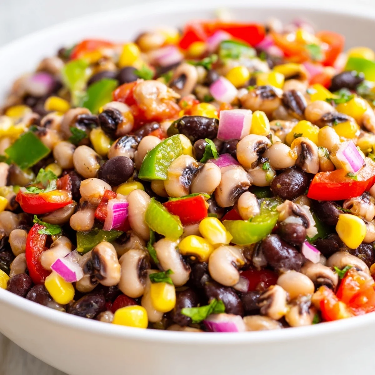A colorful bowl of cowboy caviar with black beans, corn, and tomatoes