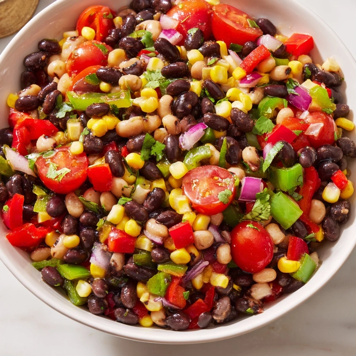 Cowboy caviar served with crispy tortilla chips in a rustic bowl