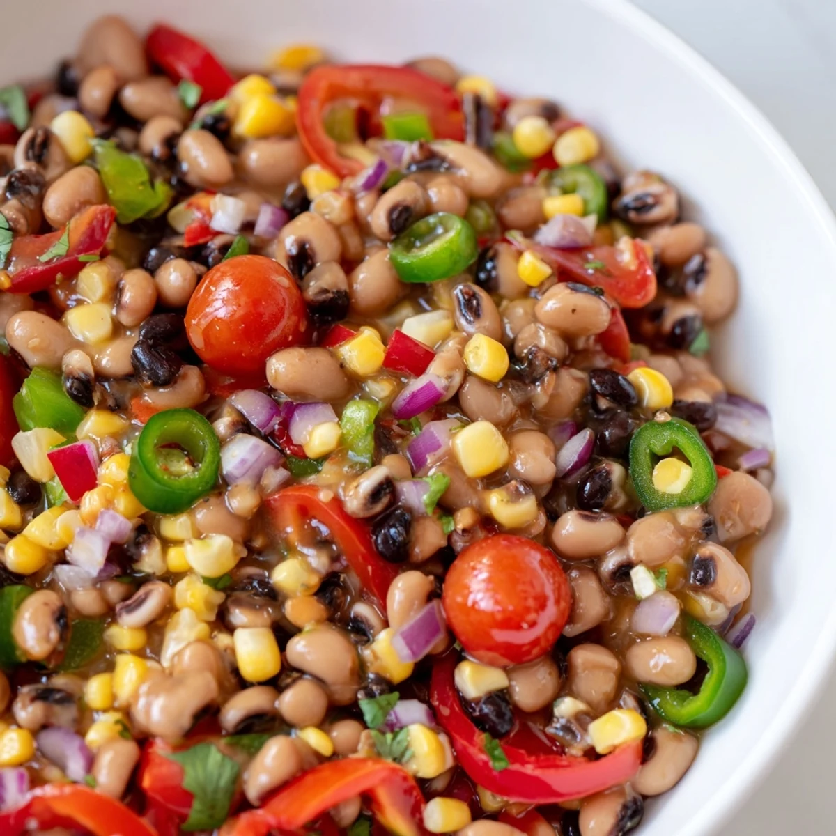 Vibrant cowboy caviar bursting with diced peppers, cilantro, and tangy dressing