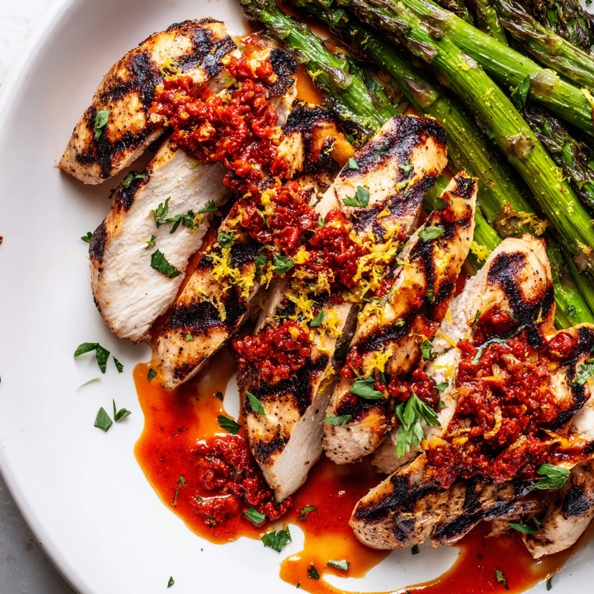 Smoky grilled asparagus chicken drizzled with vibrant red Calabrian chili sauce