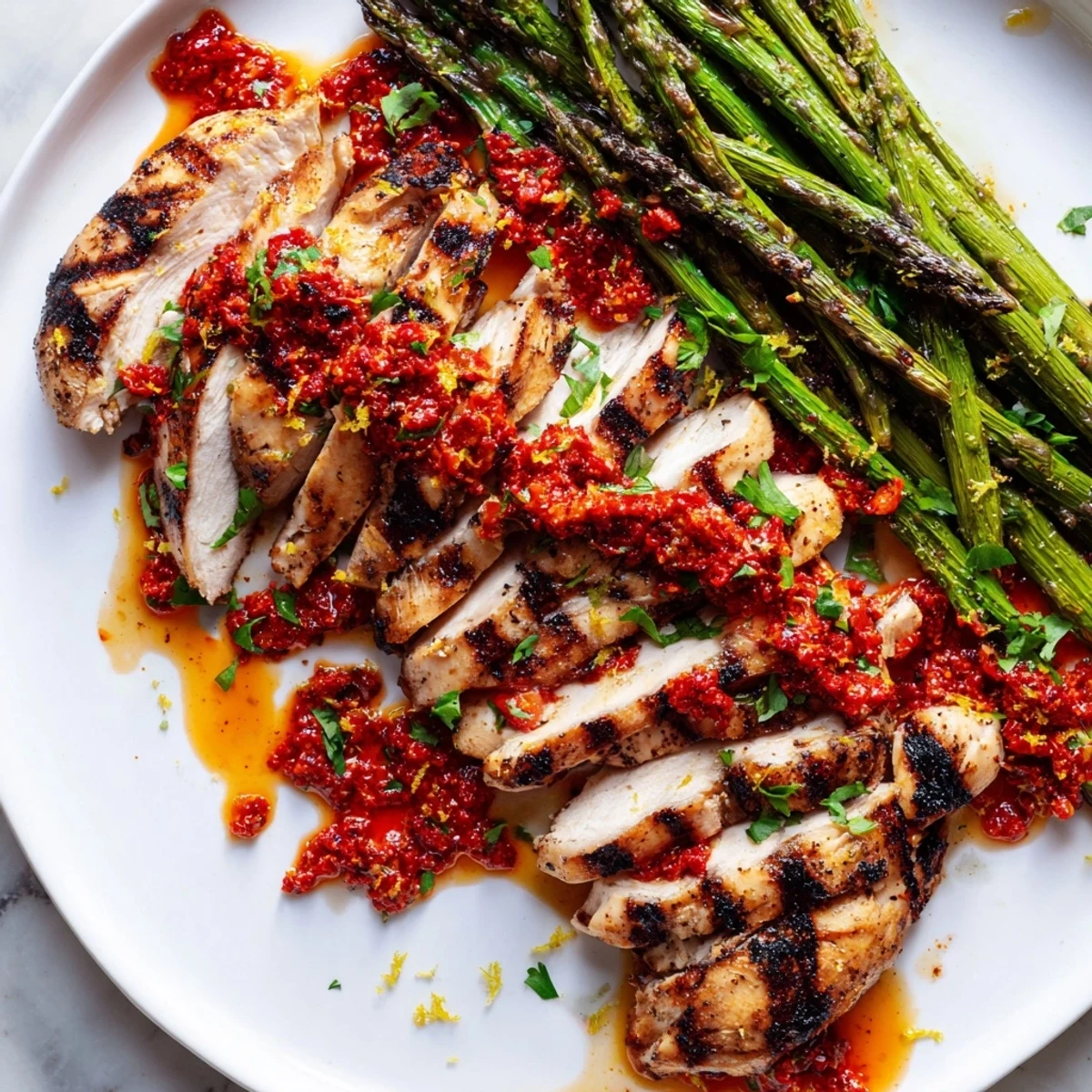 Grilled asparagus chicken with glossy Calabrian chili sauce on a rustic plate