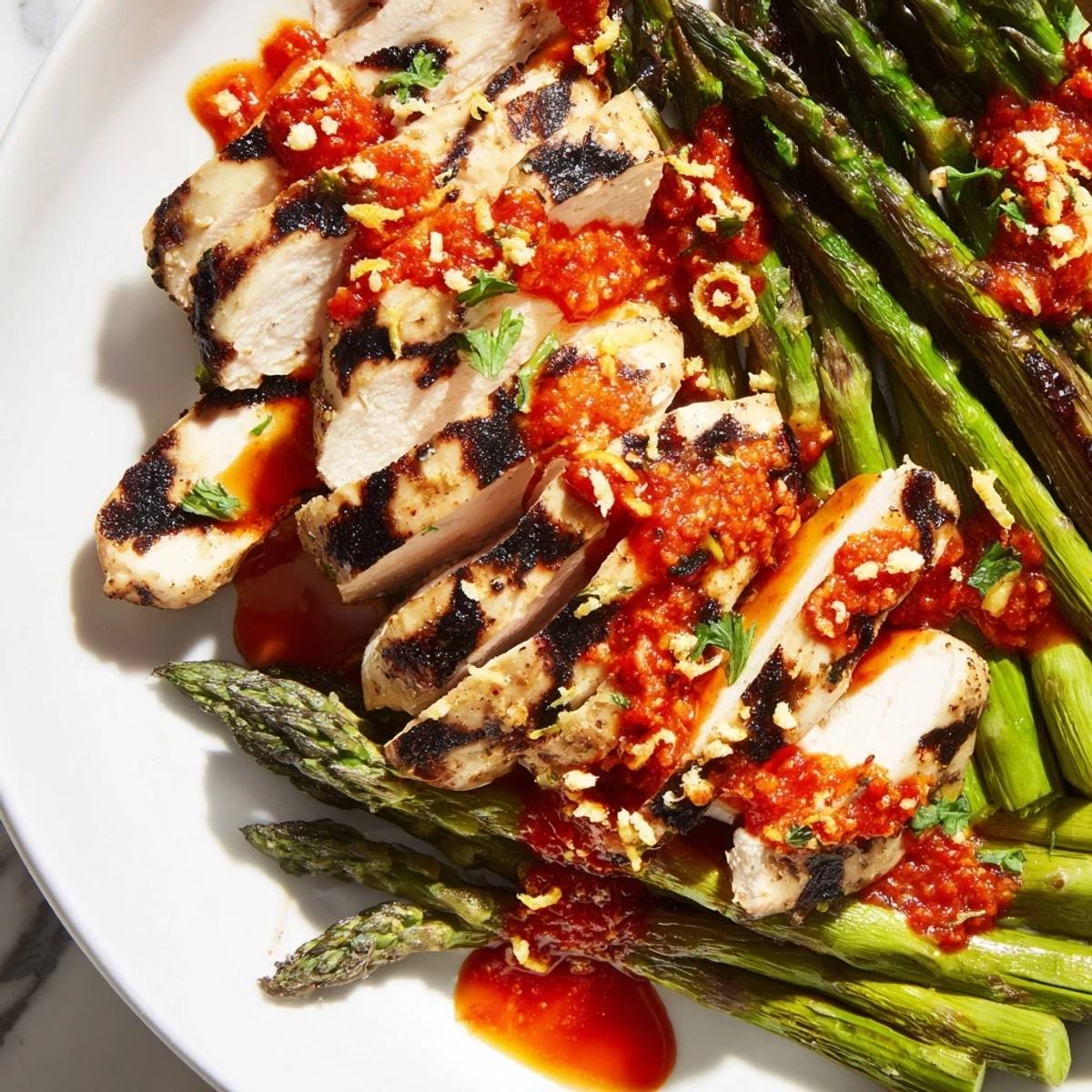 Juicy charred chicken and tender asparagus topped with spicy Calabrian chili sauce