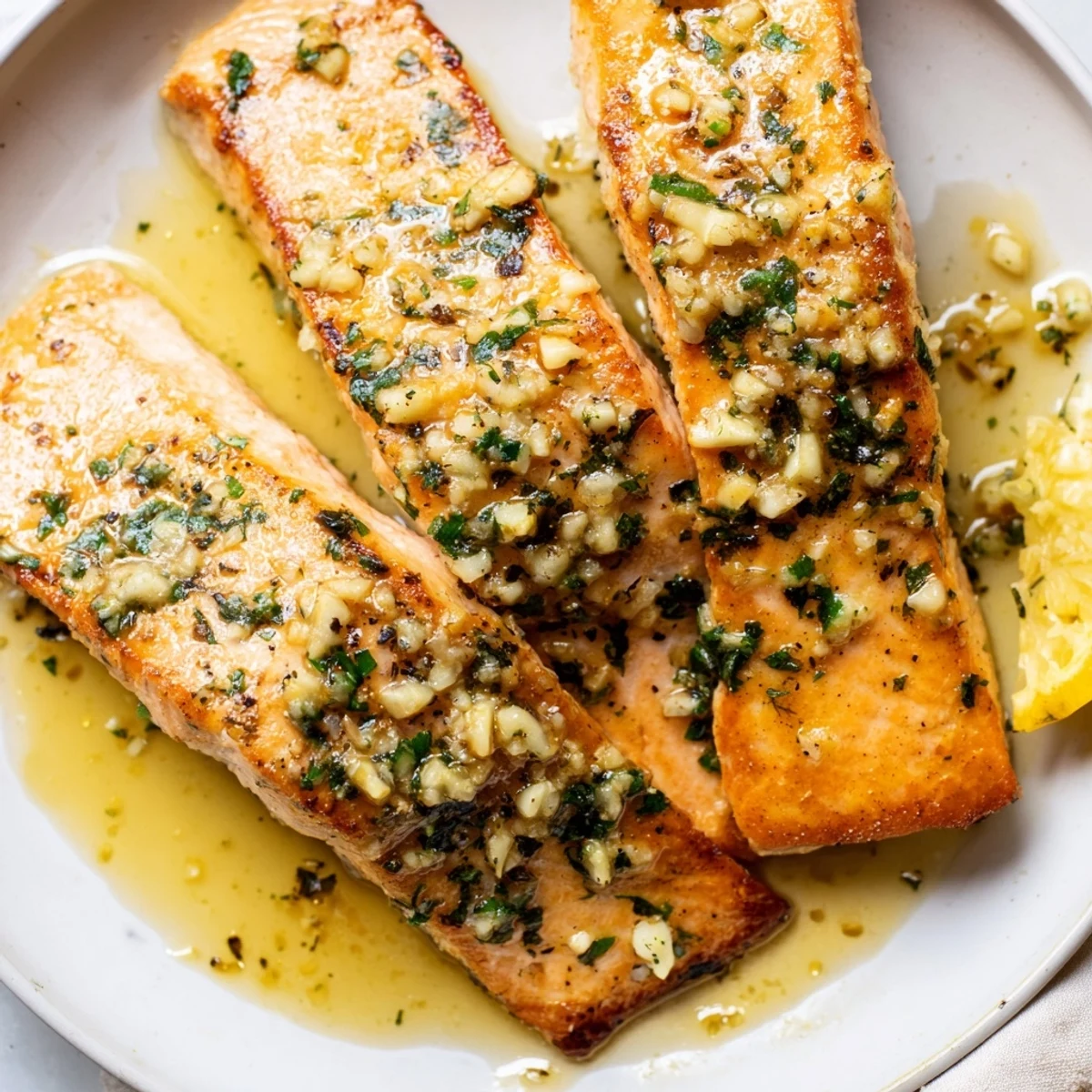 Golden garlic butter salmon fillets glistening with lemon herb sauce on a white plate