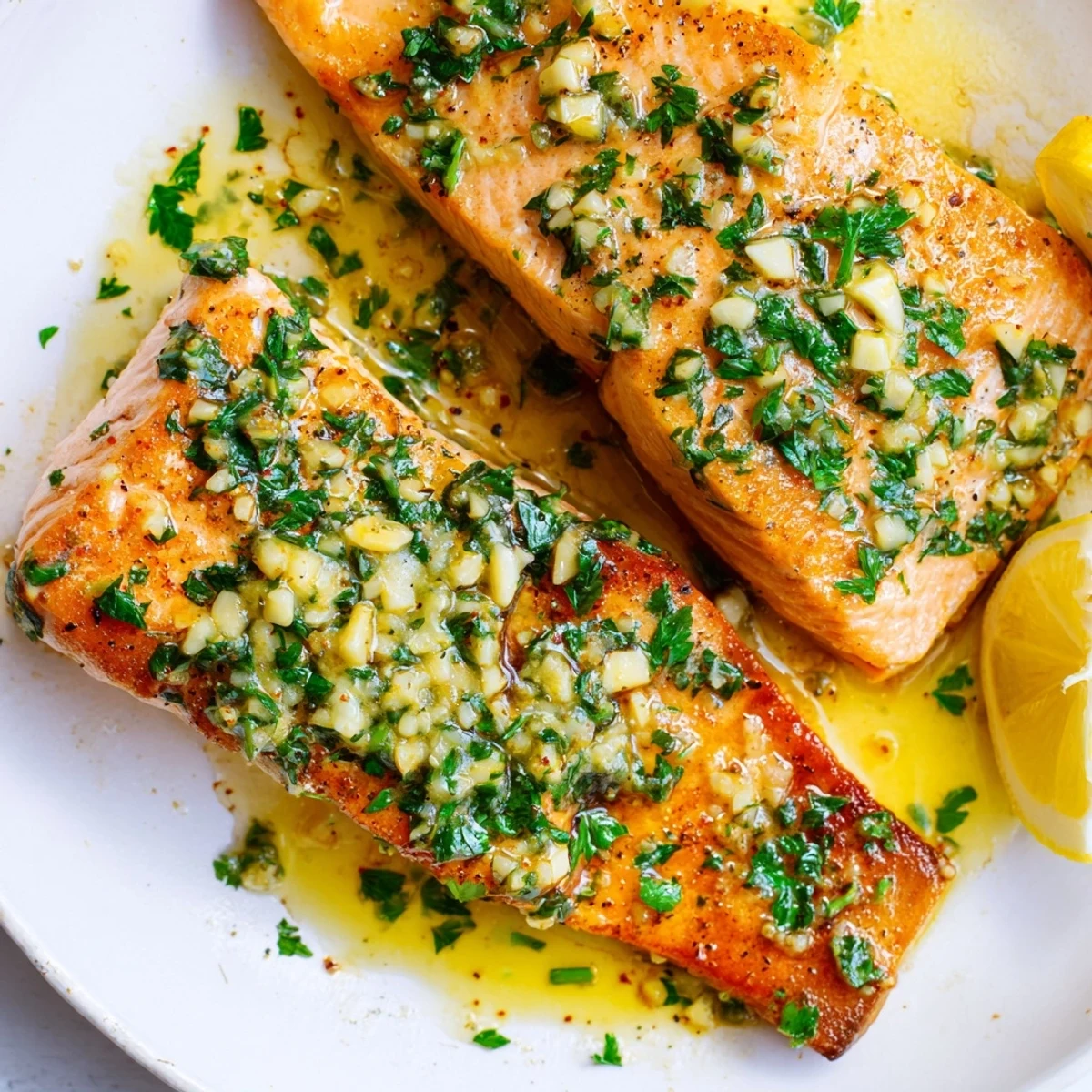 Pan-seared garlic butter salmon topped with melted lemon butter and served with wedges