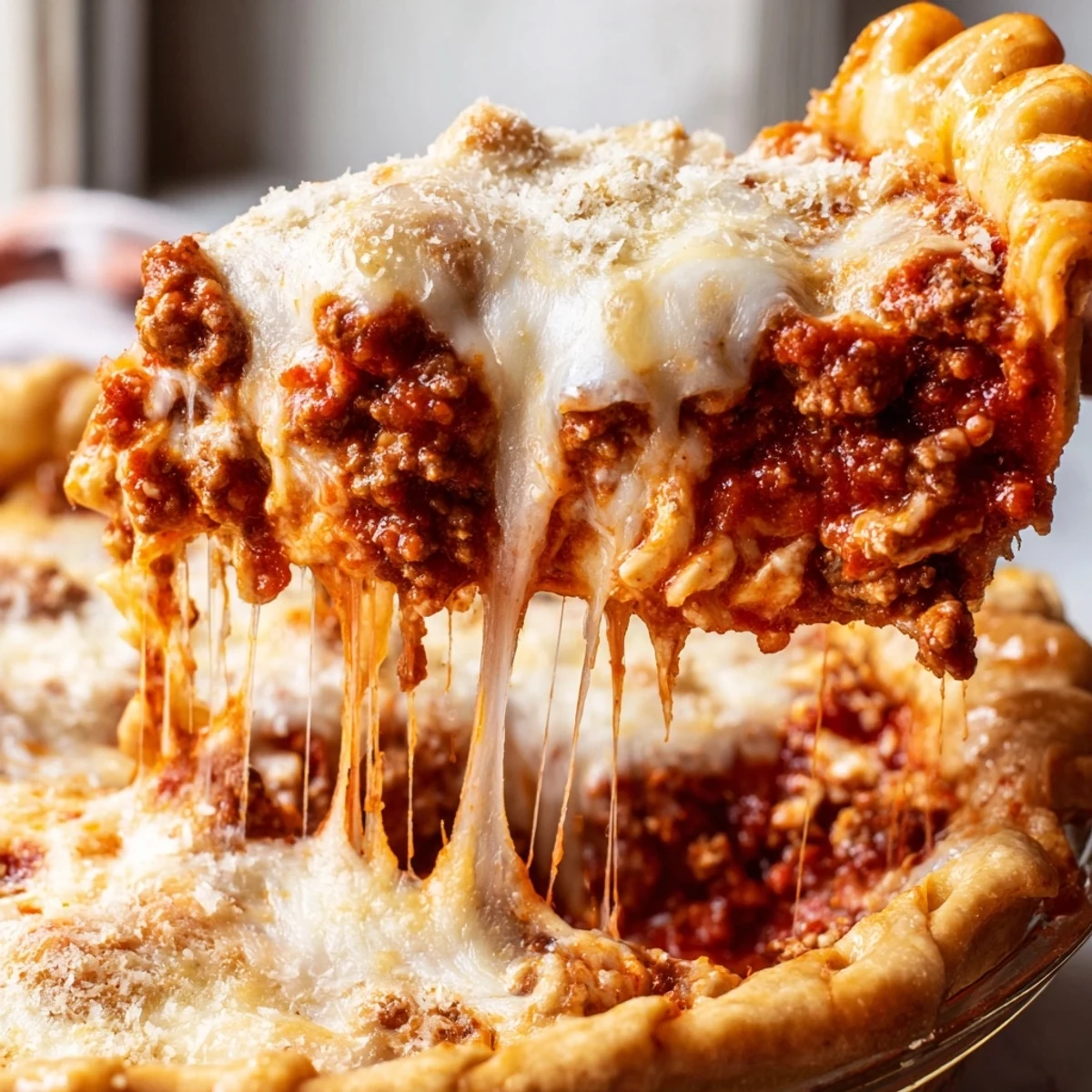 Steaming cheesy lasagna pie with gooey mozzarella layers pulled apart in a baking dish