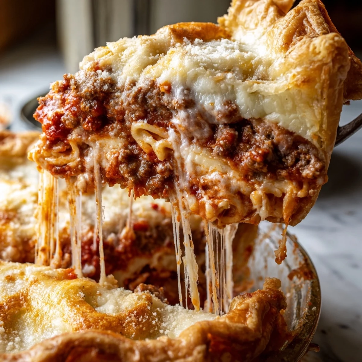 Golden bubbling cheesy lasagna pie sliced into thick wedges on a white plate